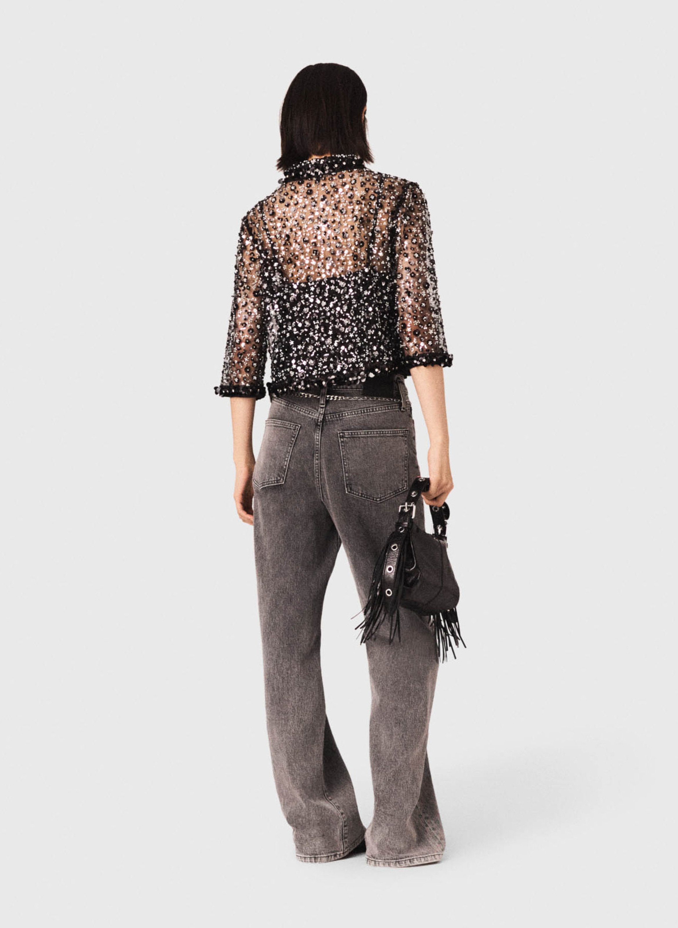 Top col classique en tulle brodé MAJE Noir