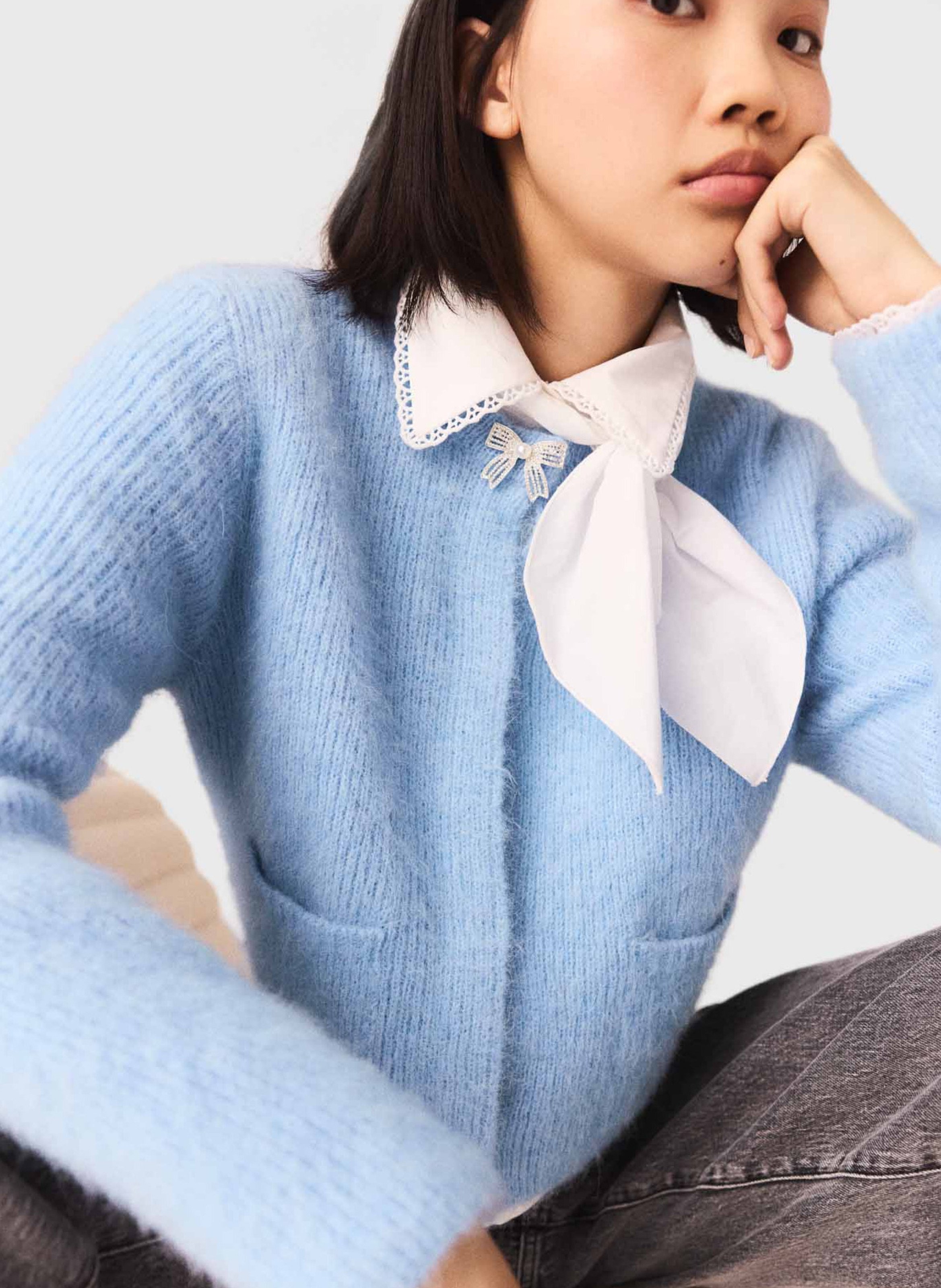 Cardigan droit col rond en maille MAJE Bleu