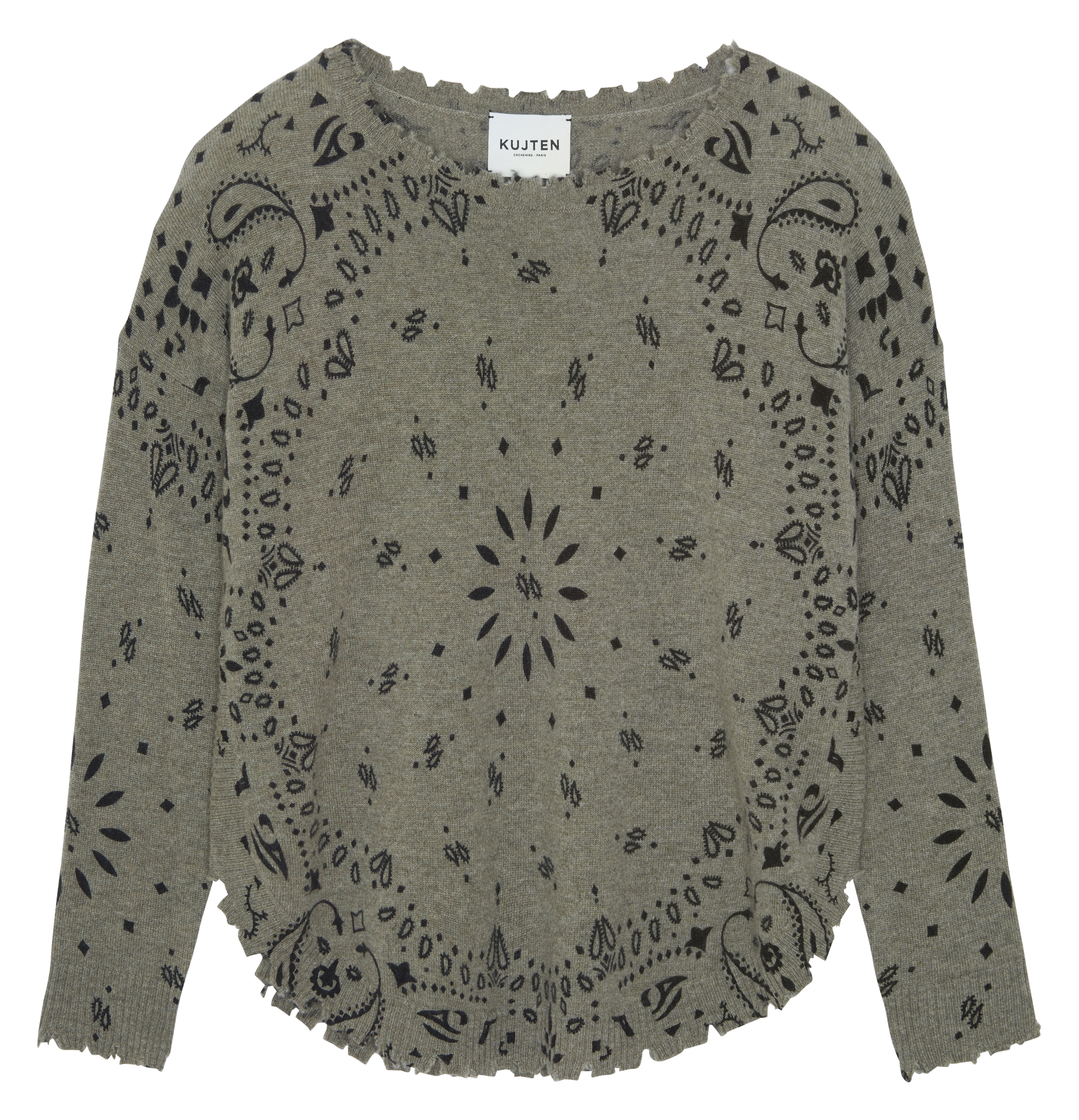 Pull droit col bateau motif bandana en cachemire mela bandana KUJTEN Kaki