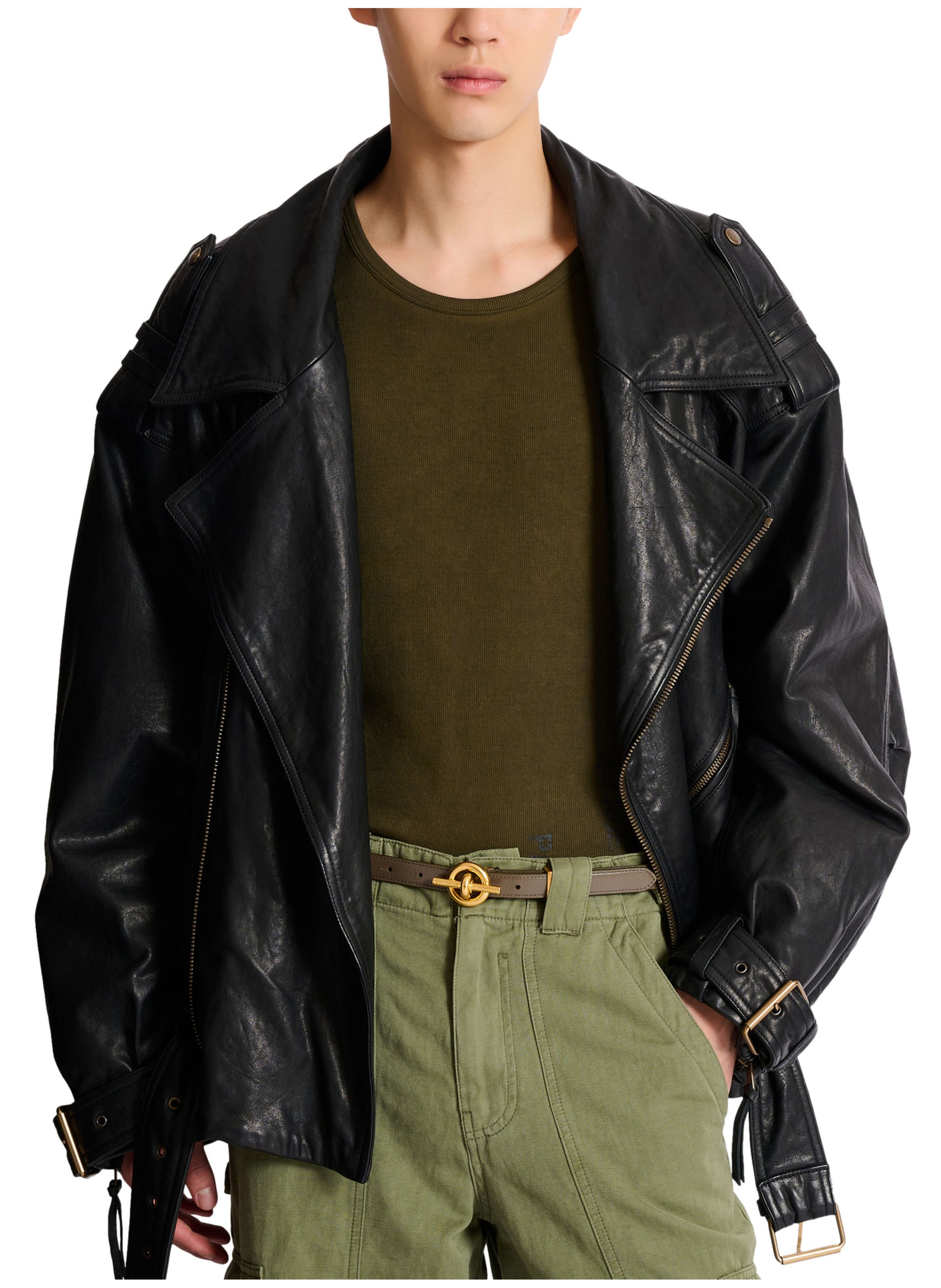 Ceinture t-bar en cuir lisse BALMAIN Vert