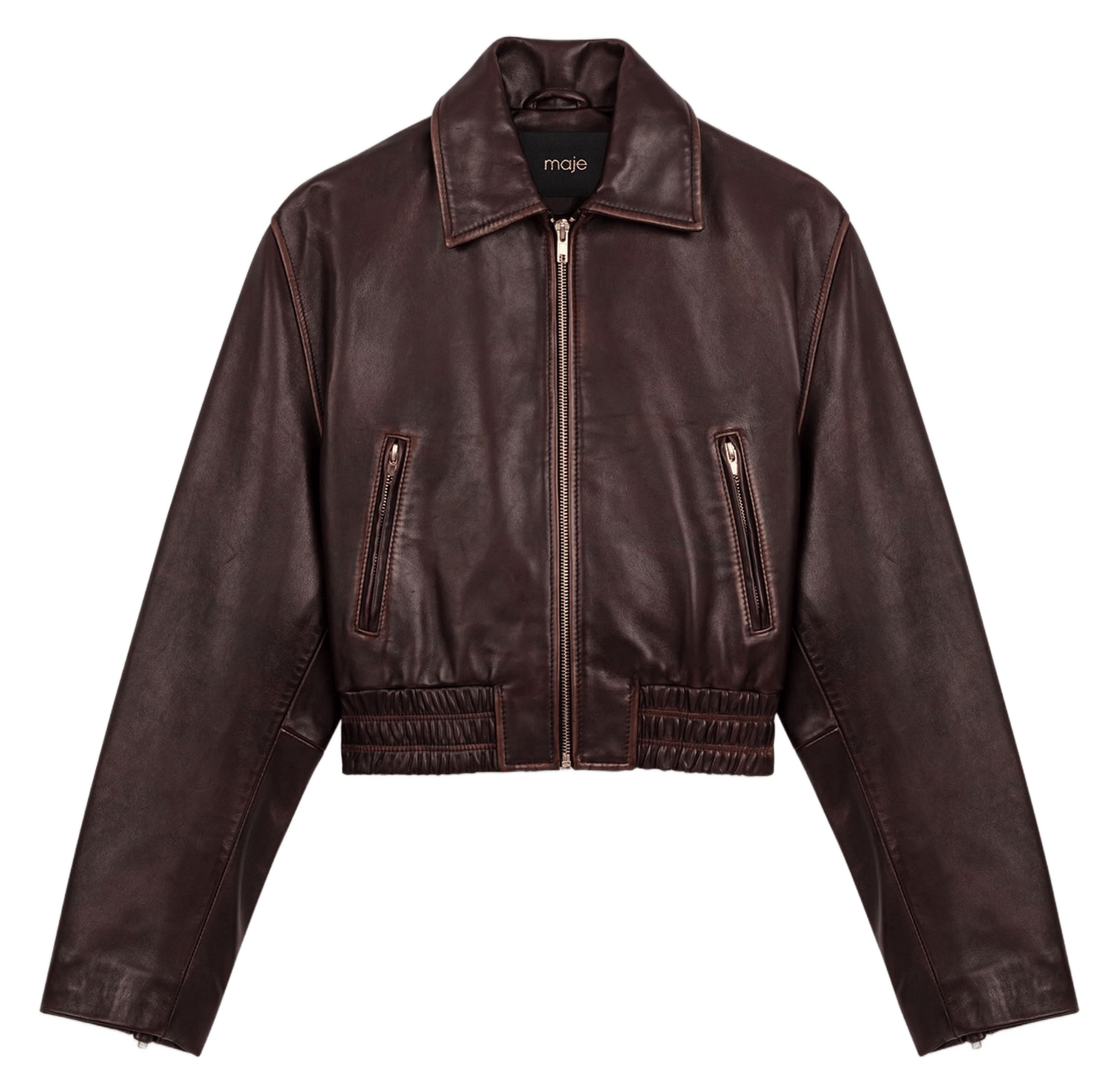 Blouson court zippé en cuir MAJE Marron