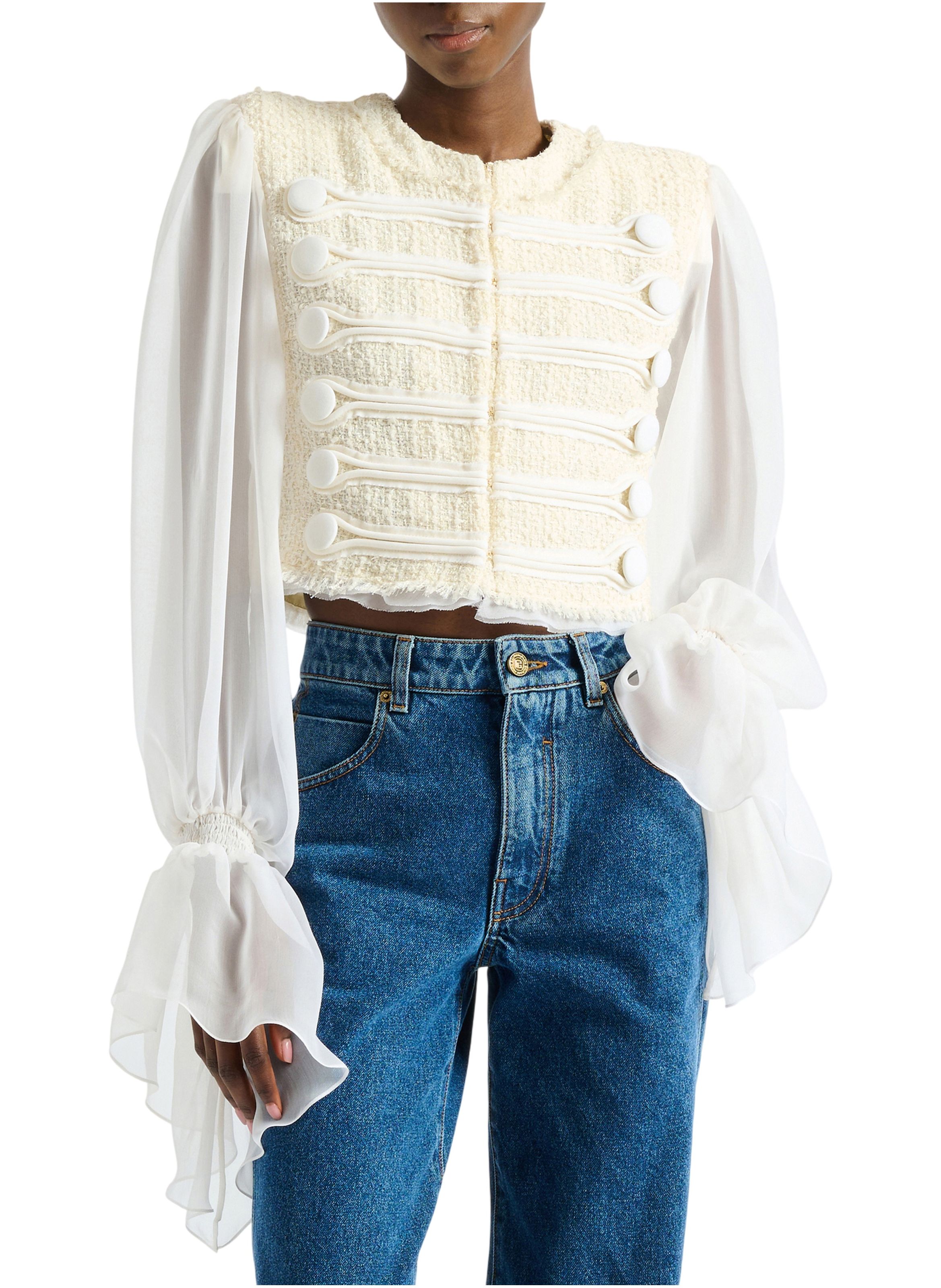 Spencer à brandebourgs en tweed et mousseline BALMAIN Blanc