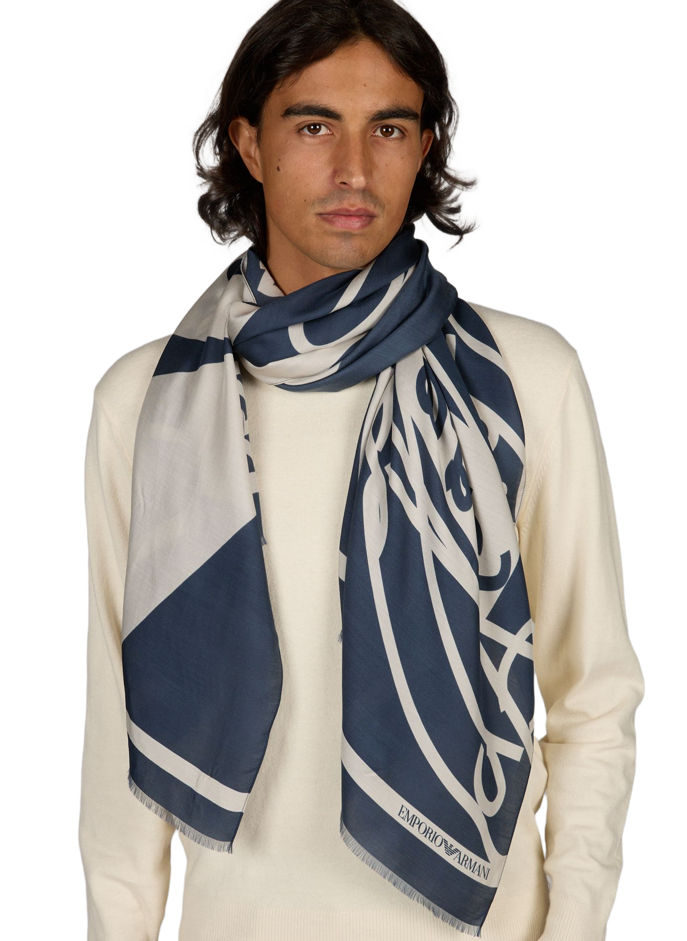 Scarf with abstract pattern and silk blend fringes EMPORIO ARMANI Blue