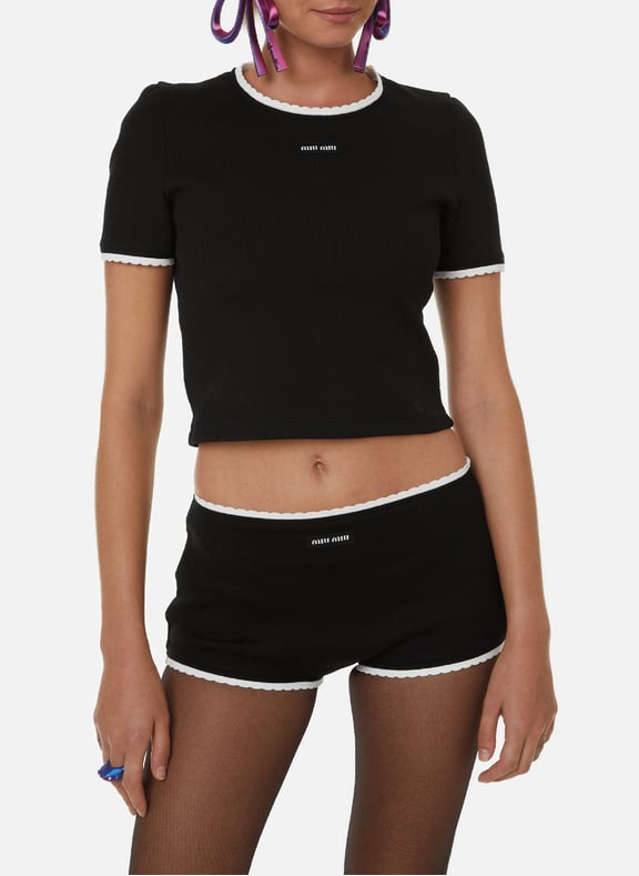 T-shirt with lace trim Black by MIU MIU MIU MIU T-shirt with lace trim Black