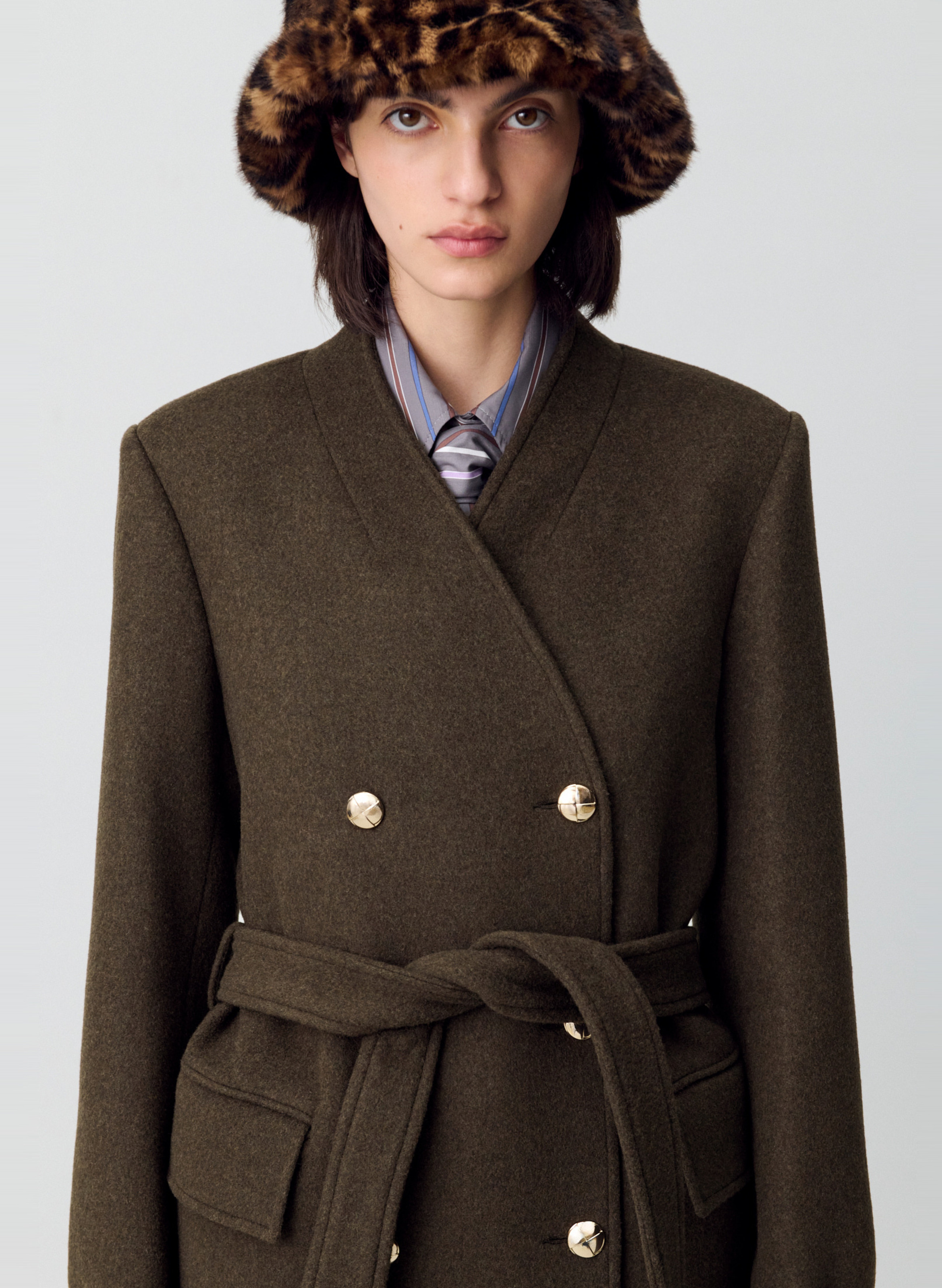 Manteau droit col v en laine mélangée galika CLAUDIE PIERLOT Kaki