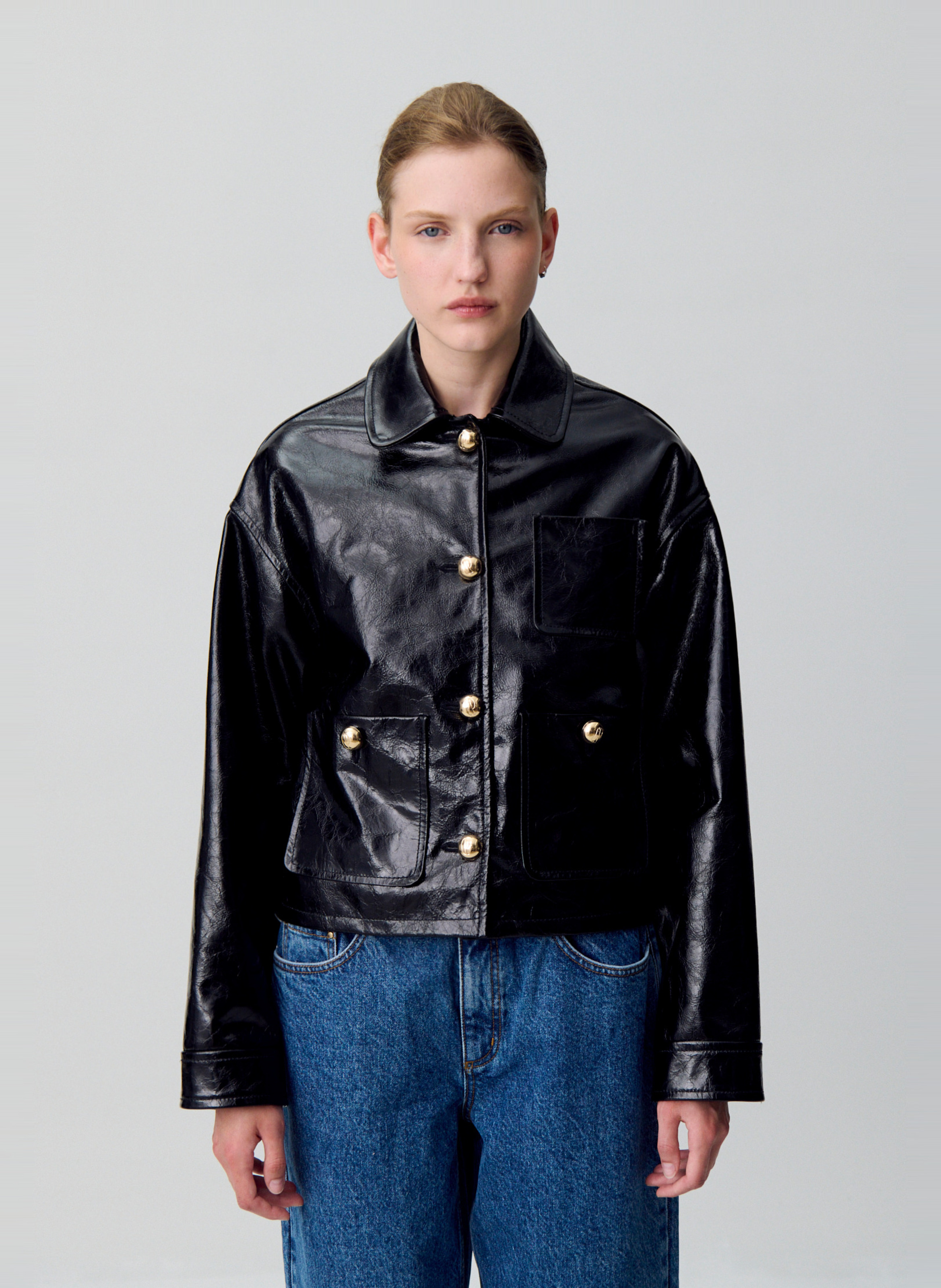 Veste droite col classique en cuir clementina CLAUDIE PIERLOT Noir