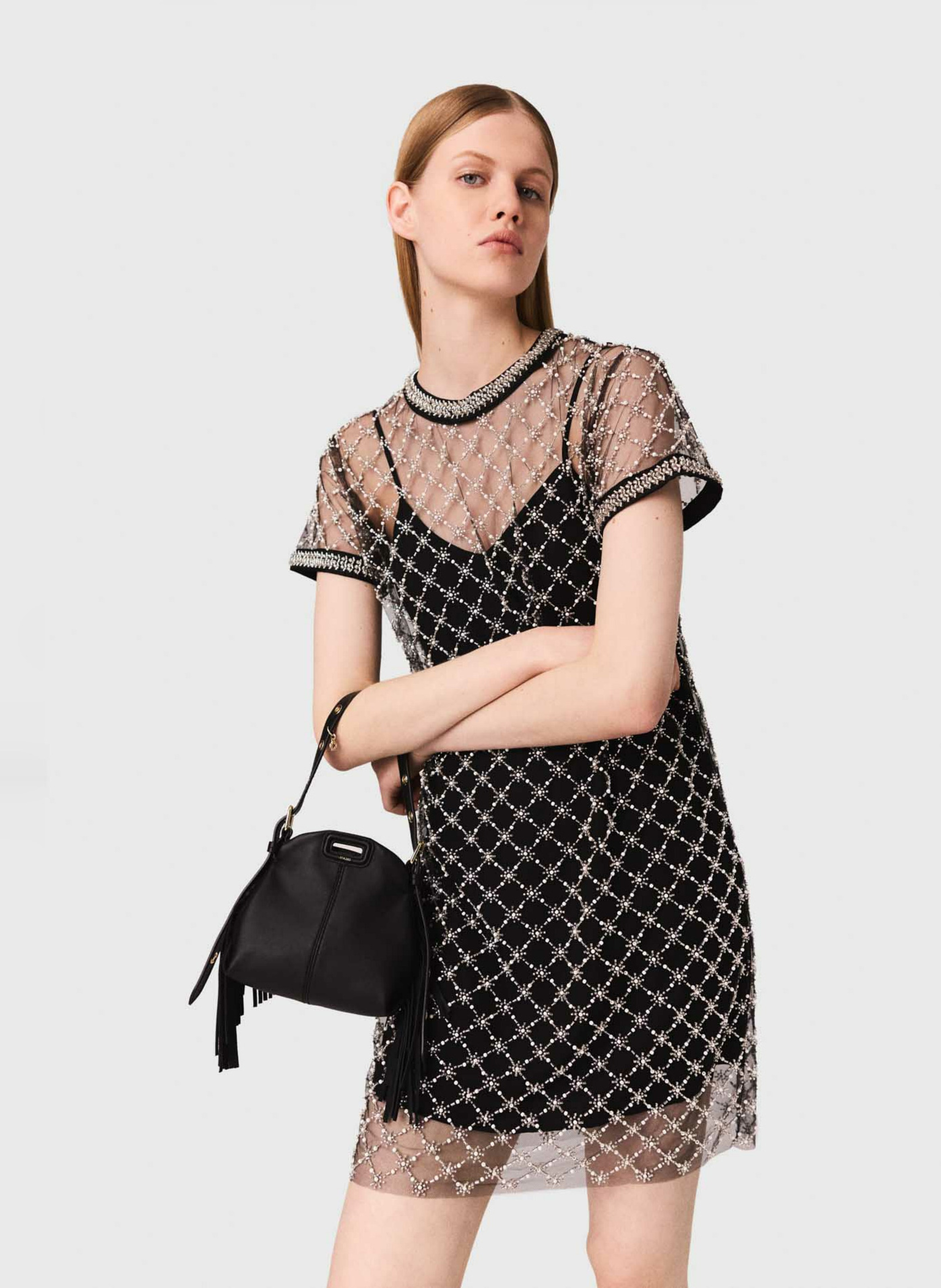 Robe courte droite perlée en transparence MAJE Noir