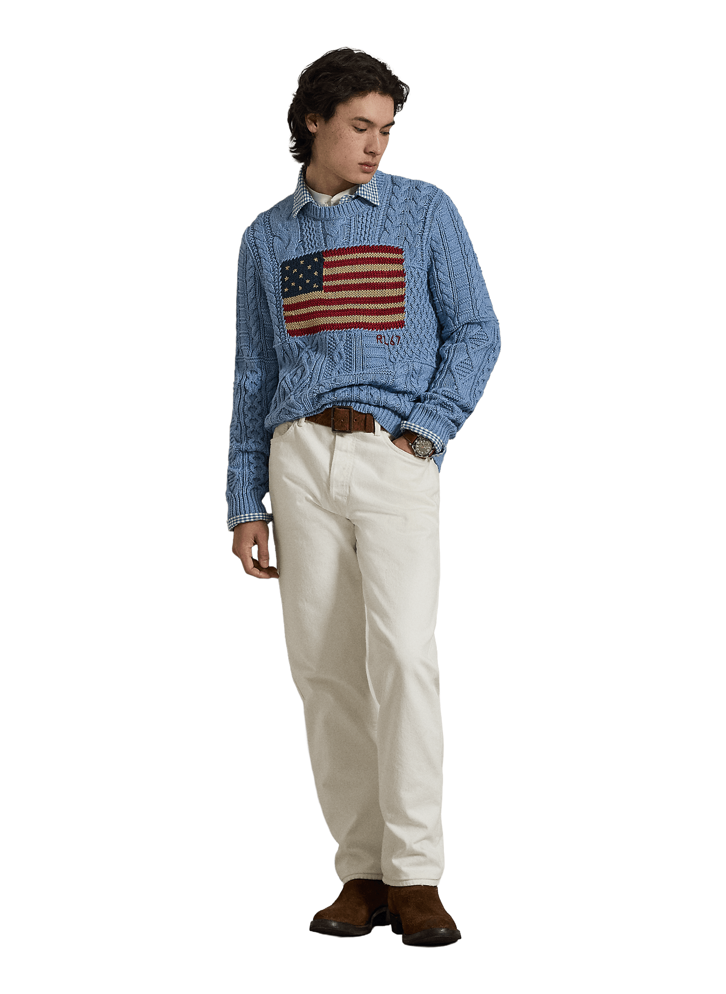 Pull maille drapeau USA en coton POLO RALPH LAUREN Blue