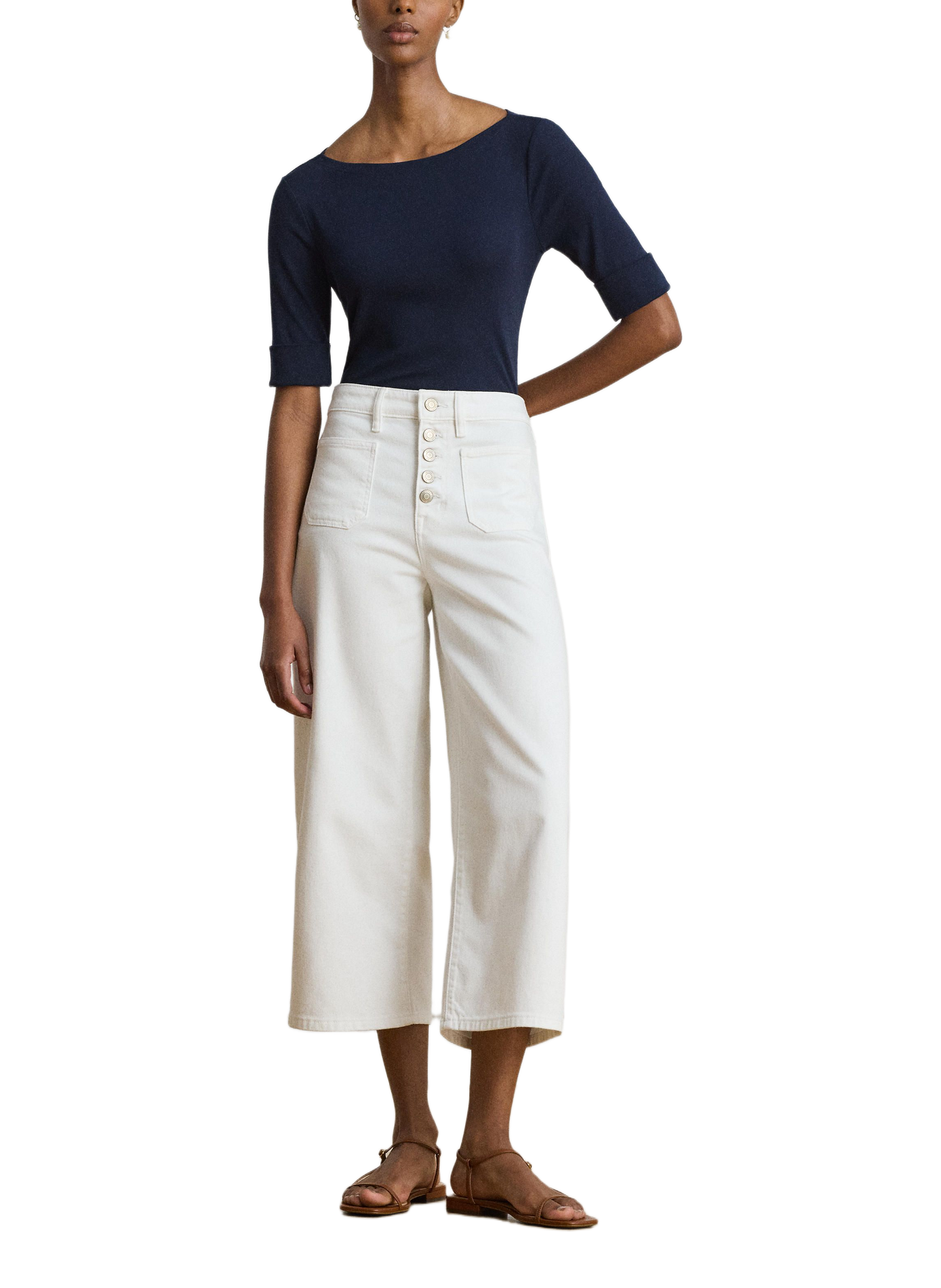 Cotton blend boat neck top LAUREN Blue