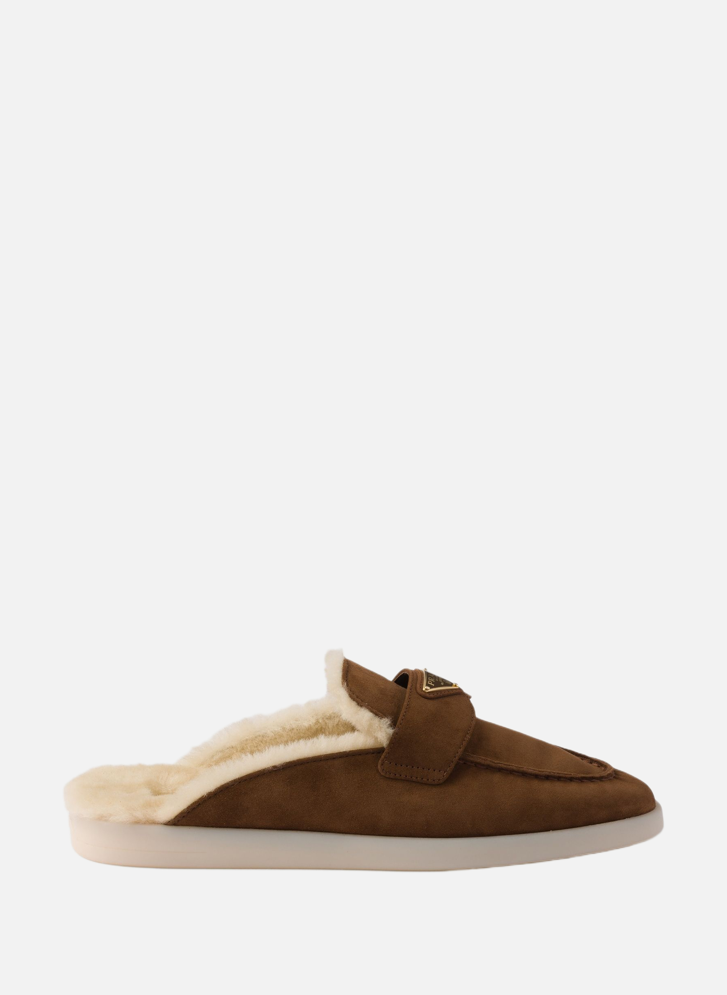 Mules en veau velours et shearling PRADA Marron