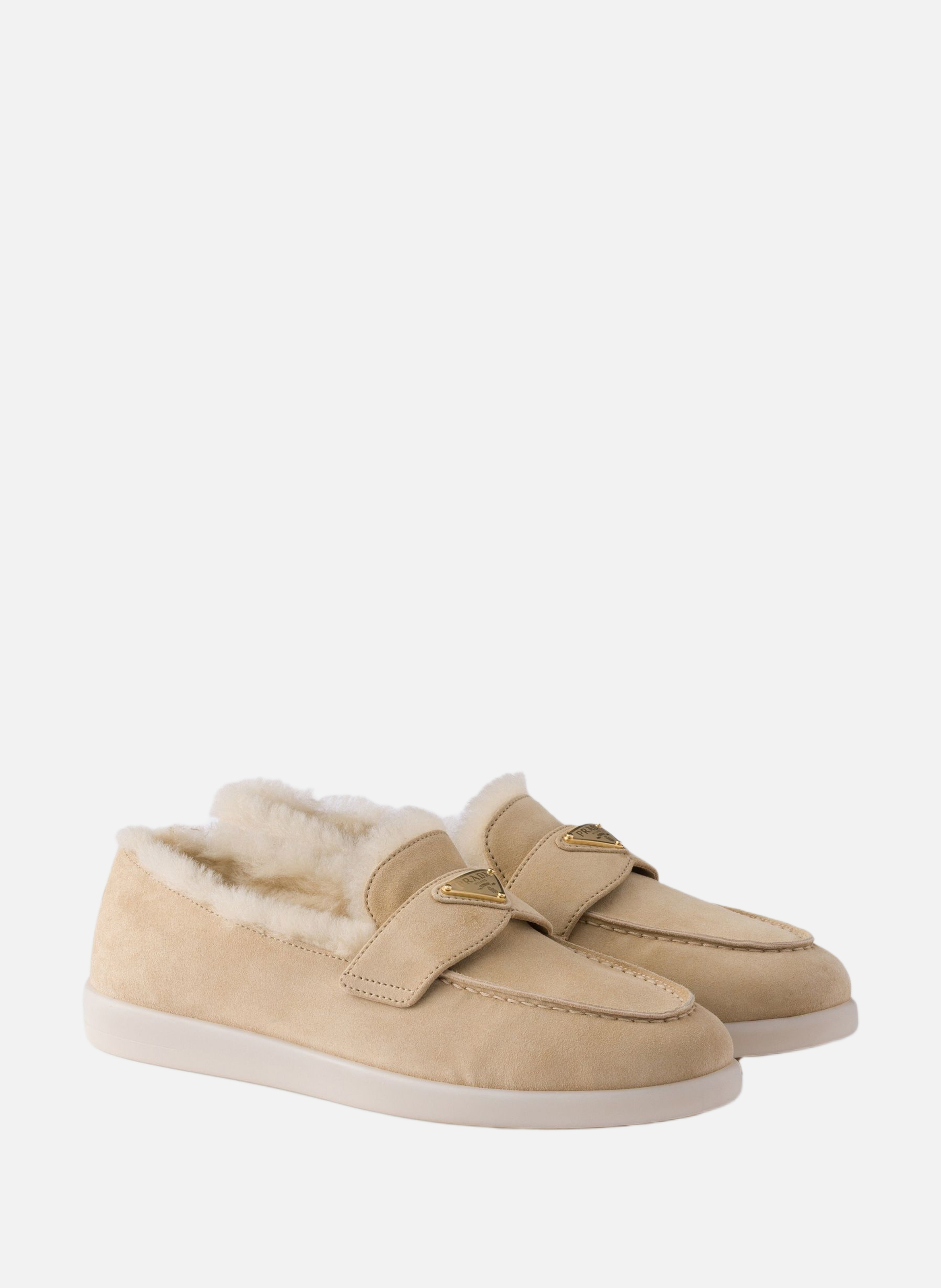 Mocassins en veau velours et shearling PRADA Beige
