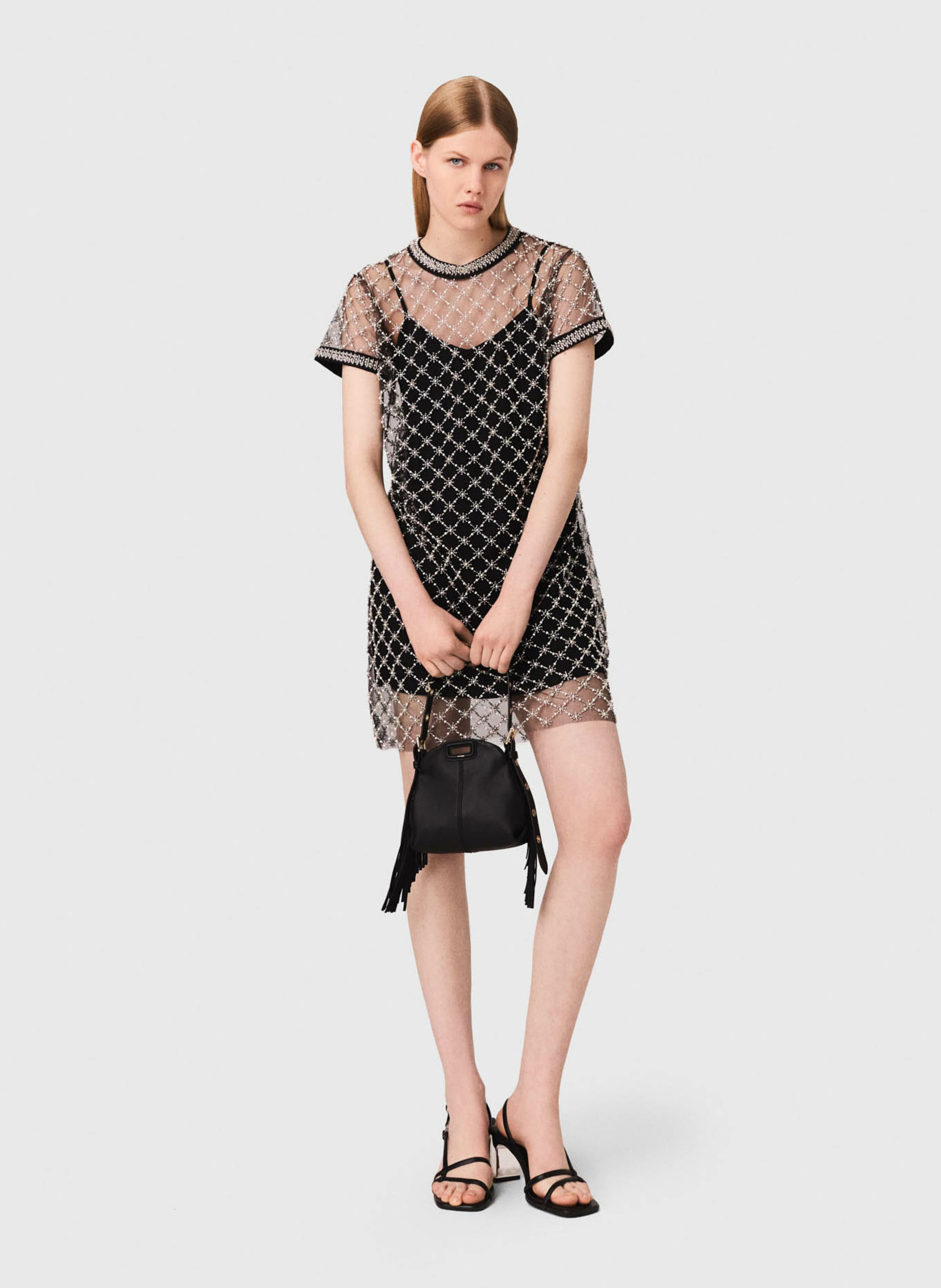 Robe courte droite perlée en transparence MAJE Noir