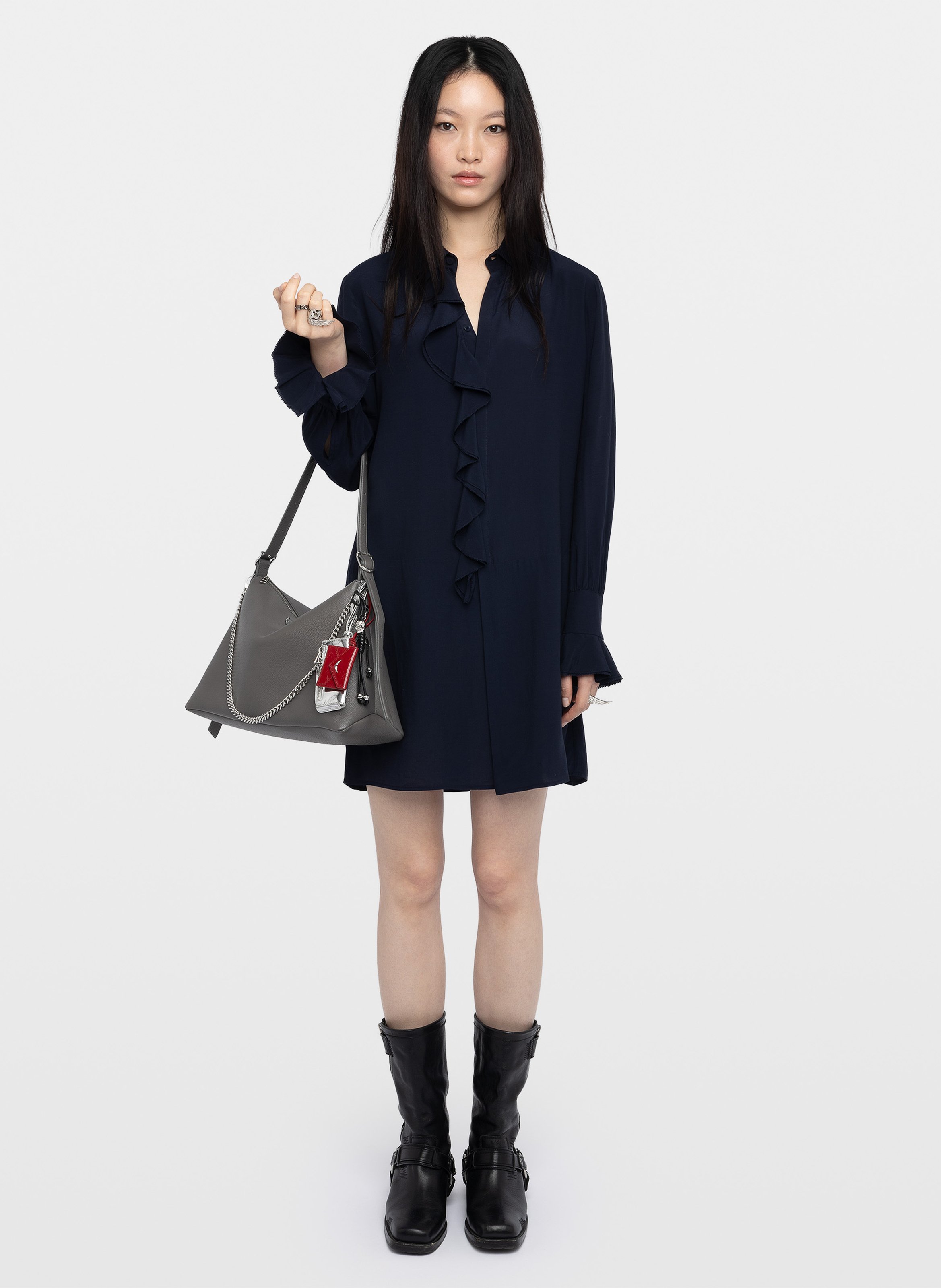 Robe courte chemise unie à détails volants rhelyne ZADIG&VOLTAIRE Bleu