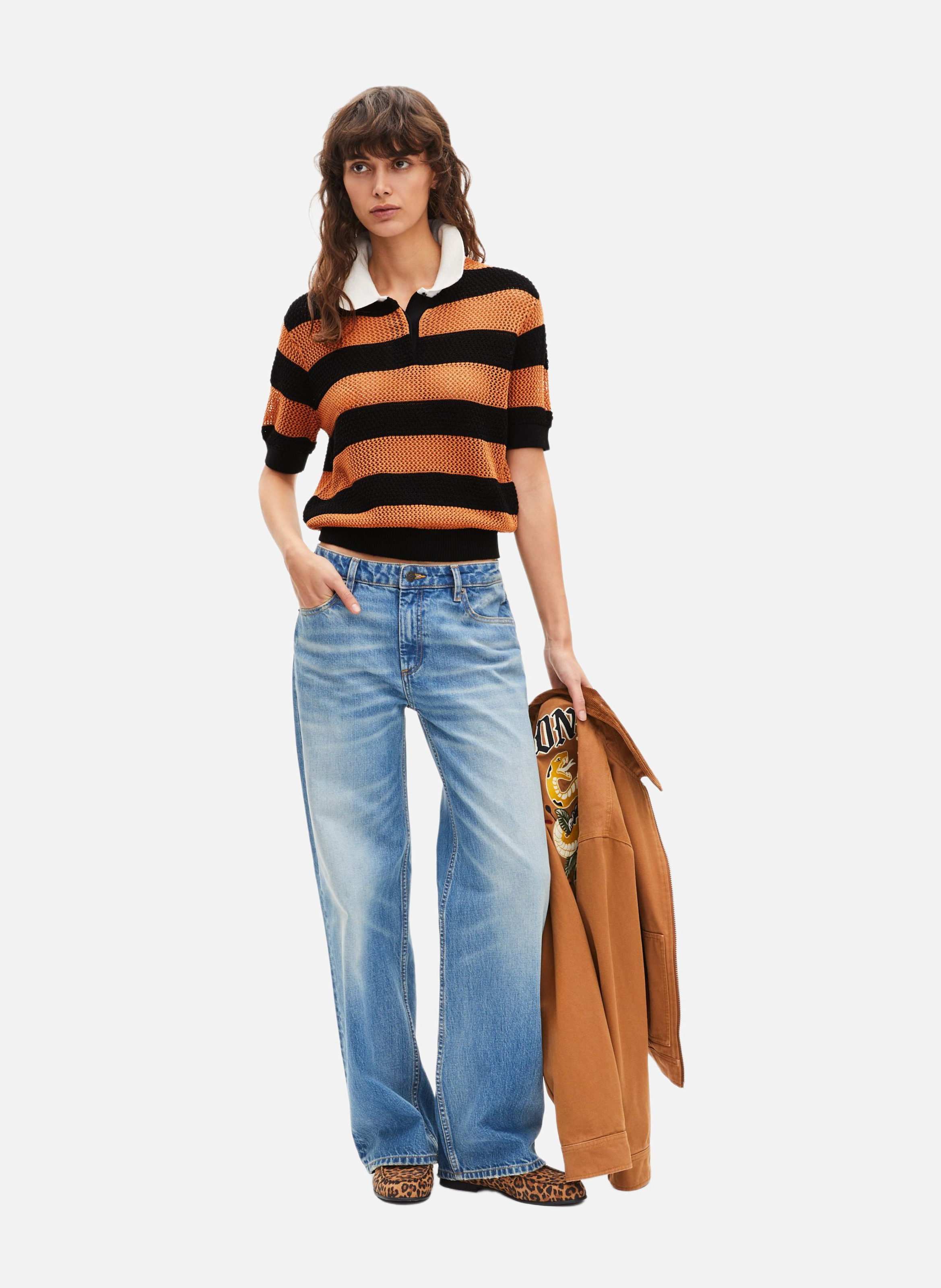 Polo en maille ajourée rayé THE KOOPLES Marron