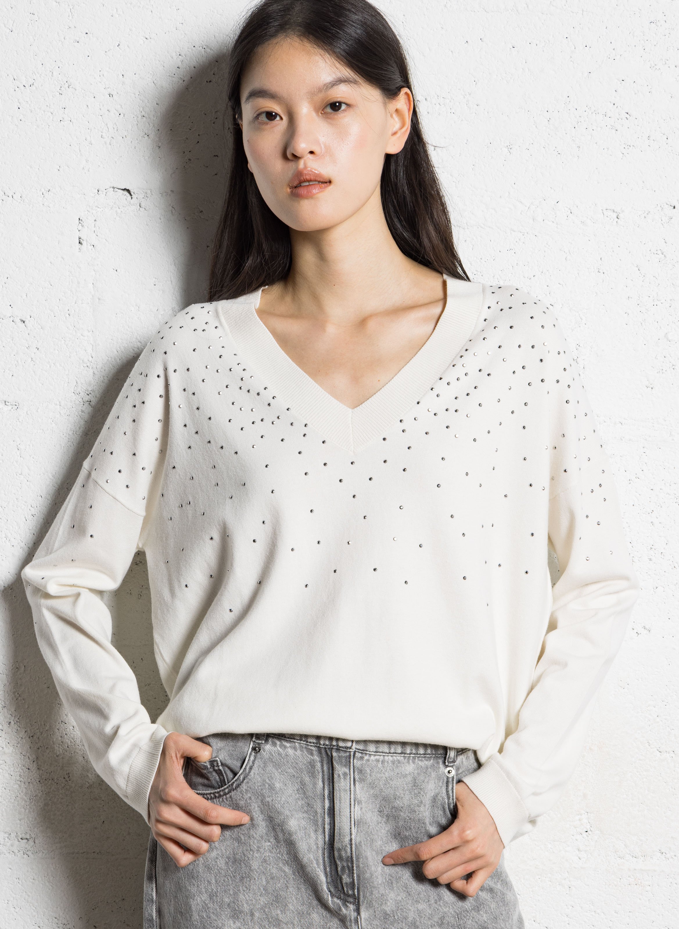 Pull oversize col v à strass IKKS Blanc
