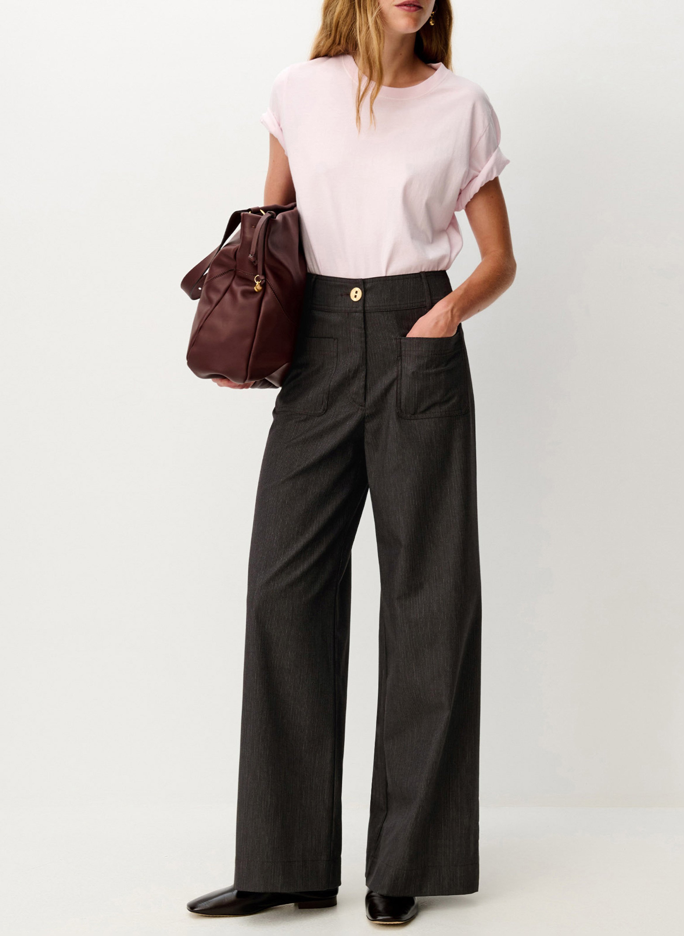 Pantalon large taille haute en coton mélangé manhatti SESSUN Marron