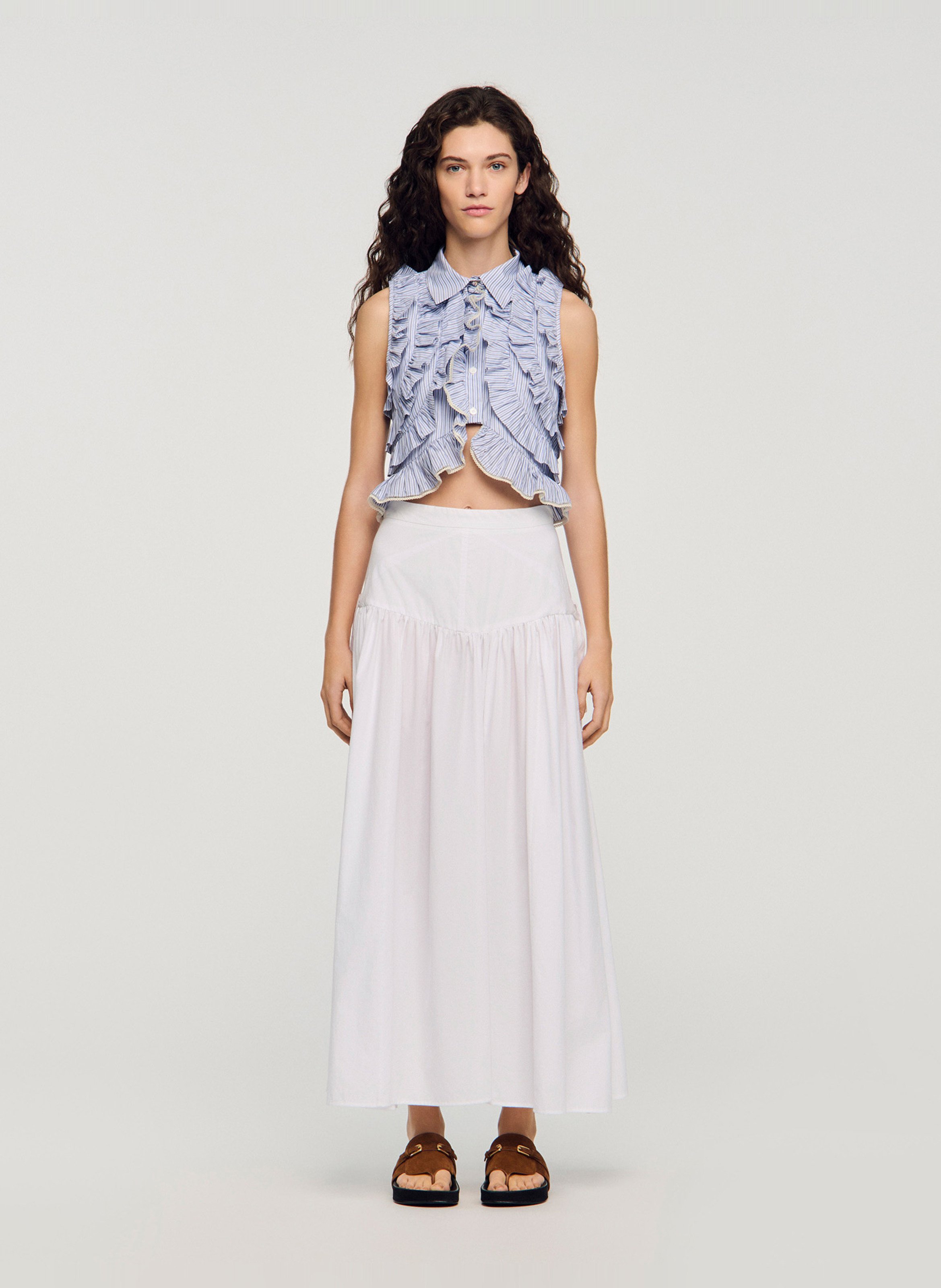 Jupe longue évasée en coton SANDRO Blanc