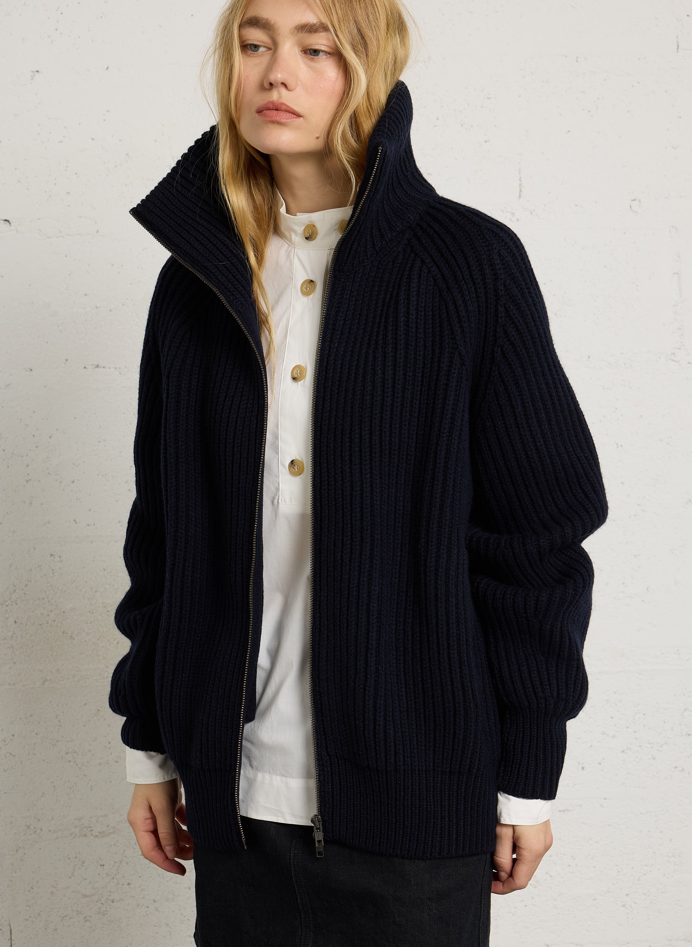 Gilet ample col montant en laine jasper SOEUR Bleu