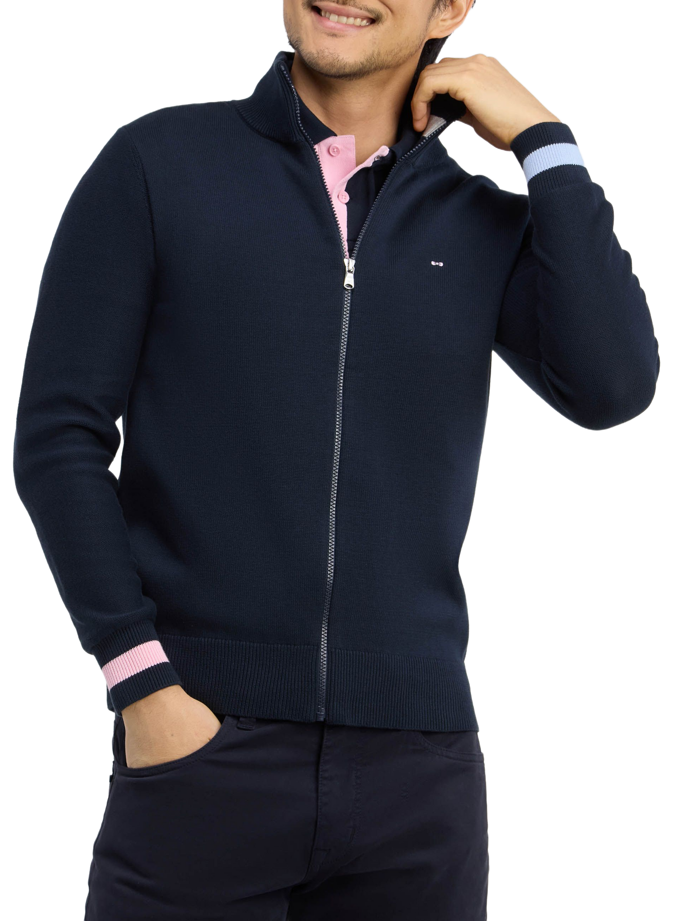 Gilet droit col camionneur zippé en coton EDEN PARK Bleu