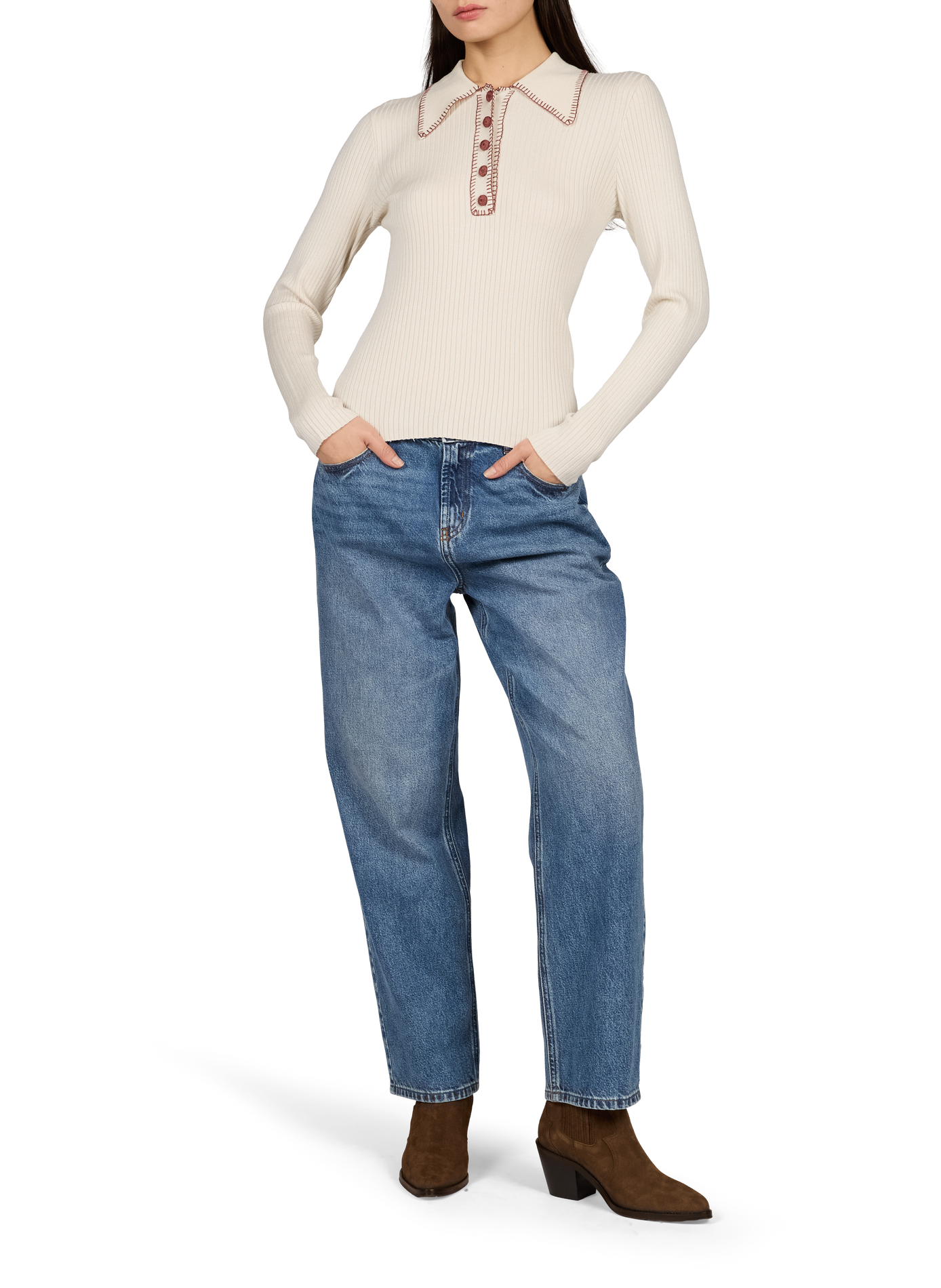 Figurnaher Polopullover aus Rippstrick VILA Beige