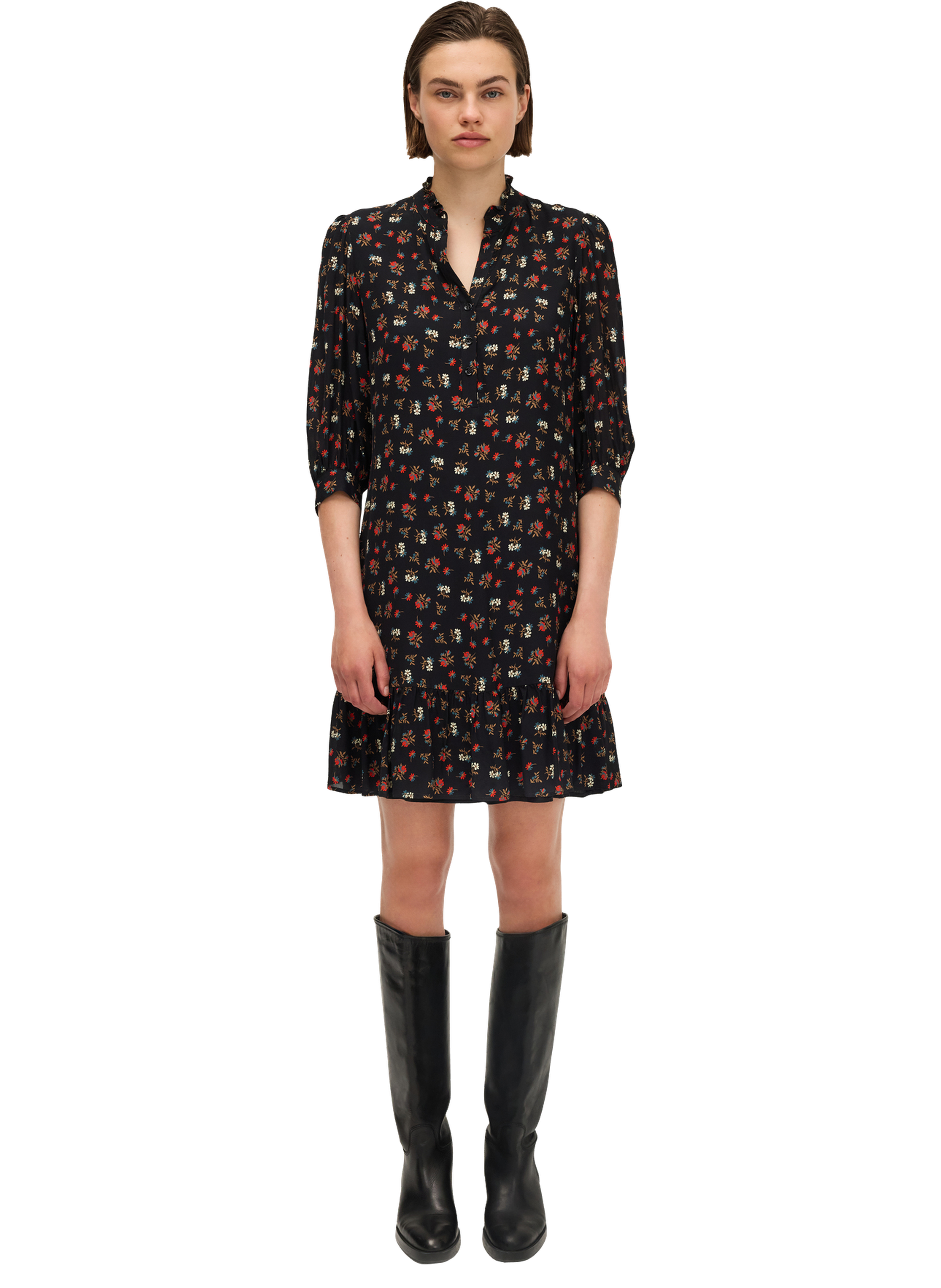 Robe courte à volants et fleurs contrastées - letizia PABLO Noir