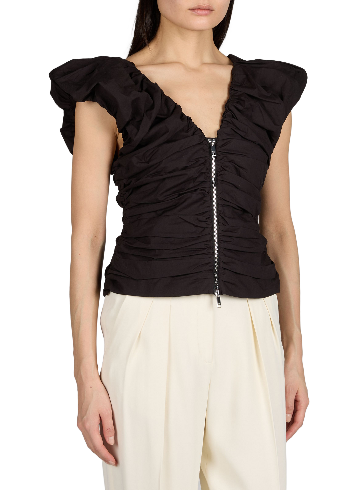 Pleated cotton-blend top GANNI Black