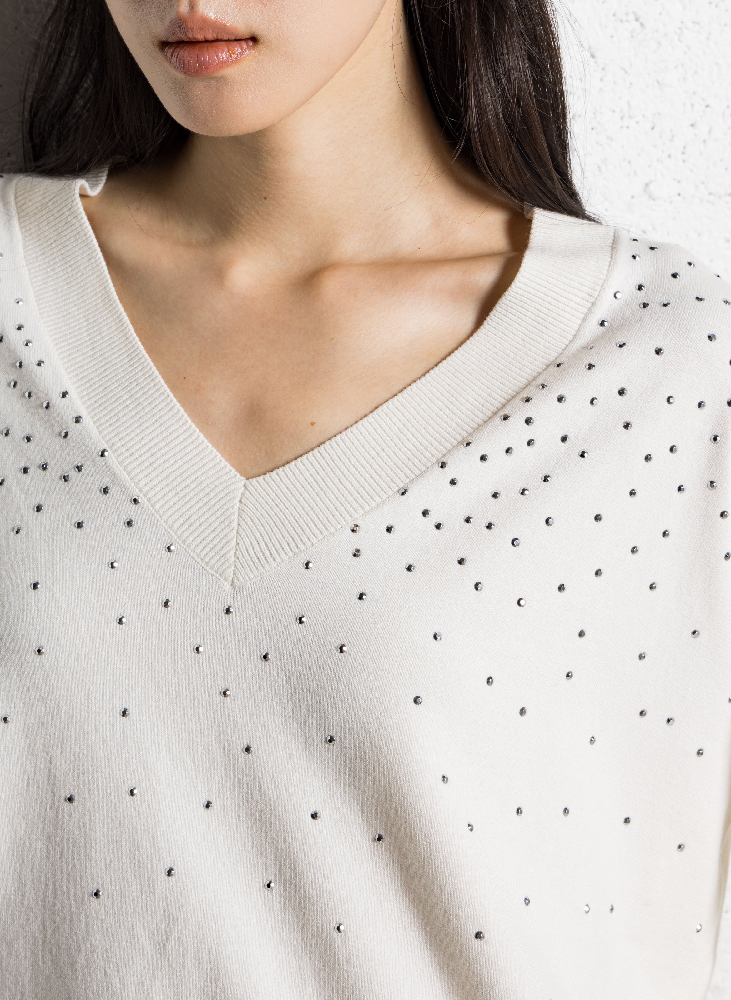 Pull oversize col v à strass IKKS Blanc