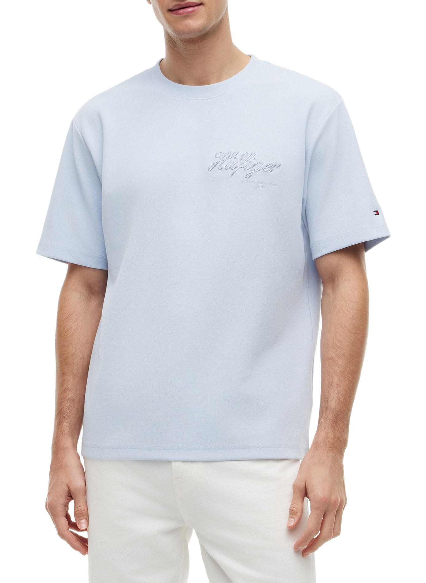 T-shirt uni à logo brodé en coton mélangé TOMMY HILFIGER Bleu