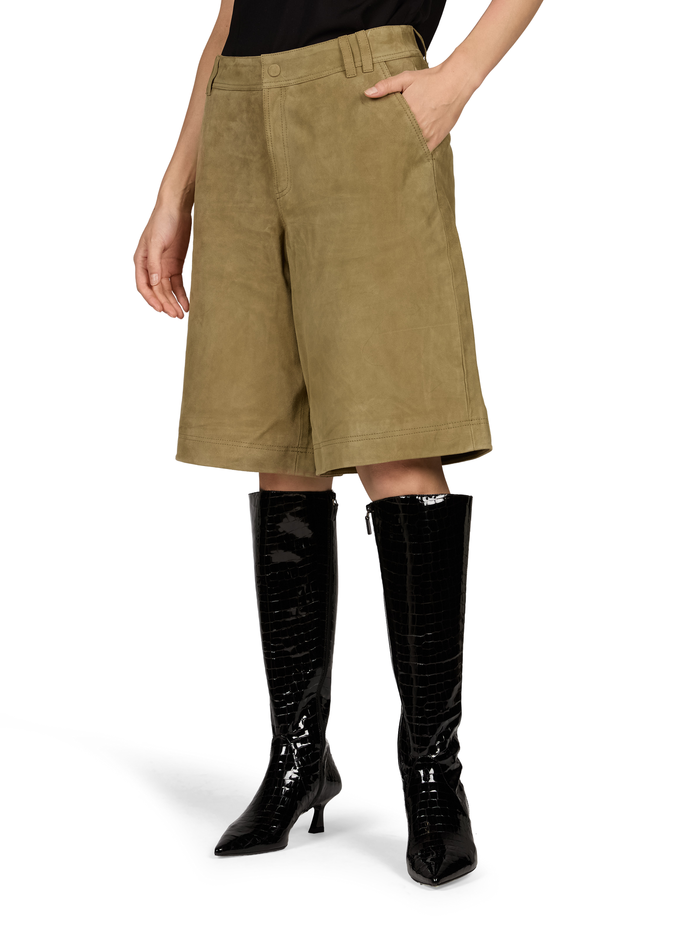 Plain wide suede Bermuda shorts ROUGE EDIT Khaki