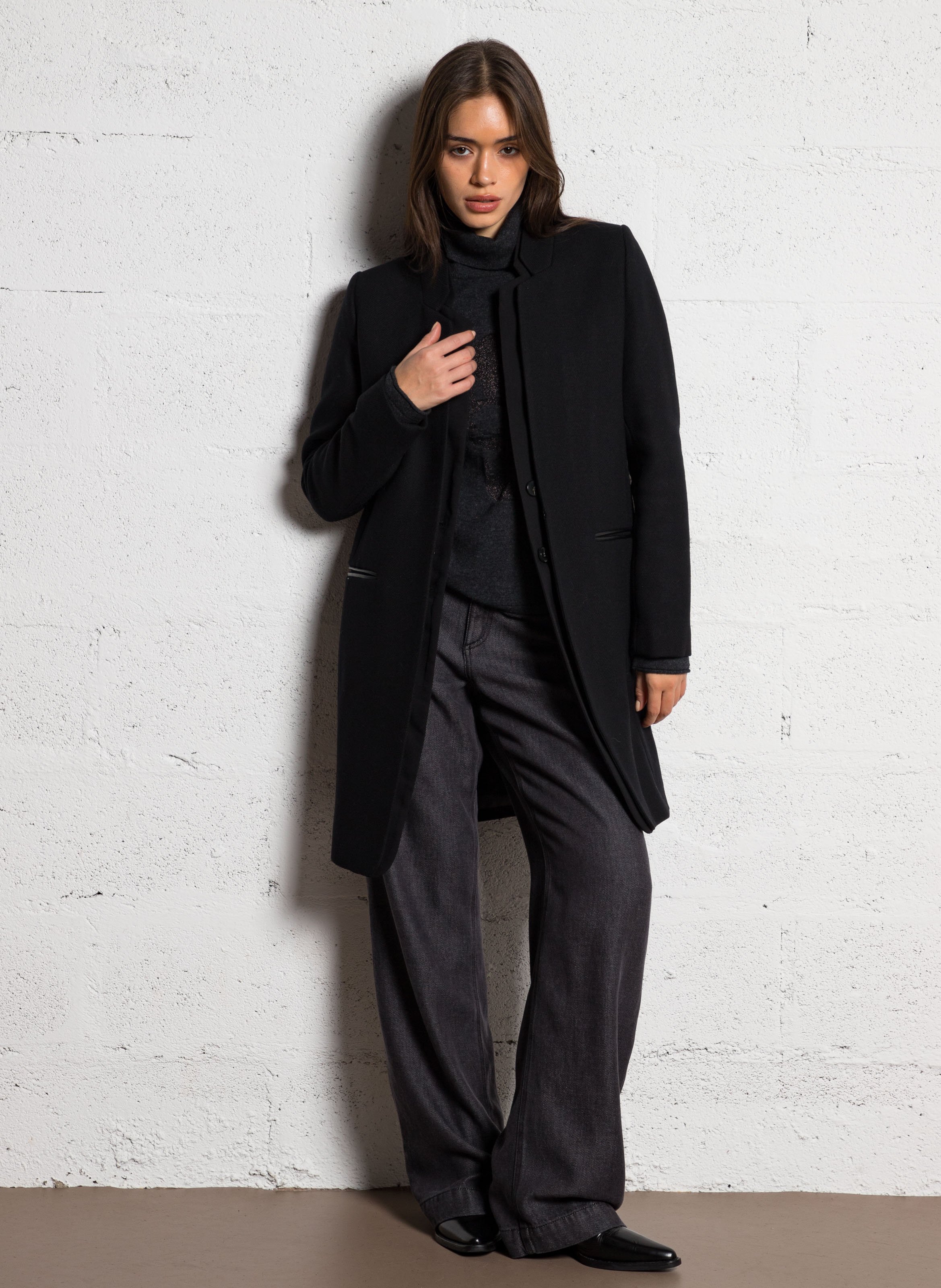 Manteau mi-long à double col en laine IKKS Noir