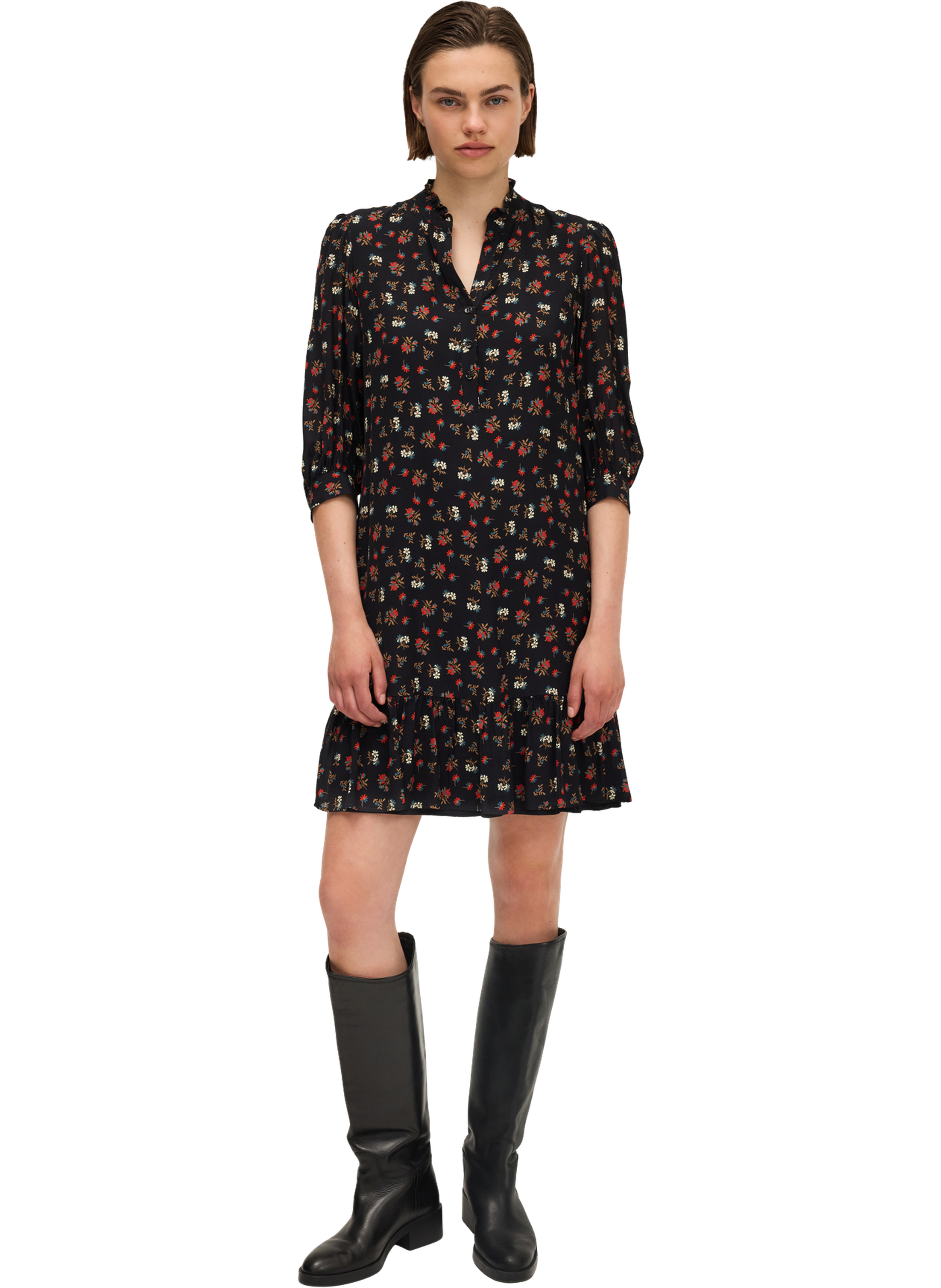 Robe courte à volants et fleurs contrastées - letizia PABLO Noir