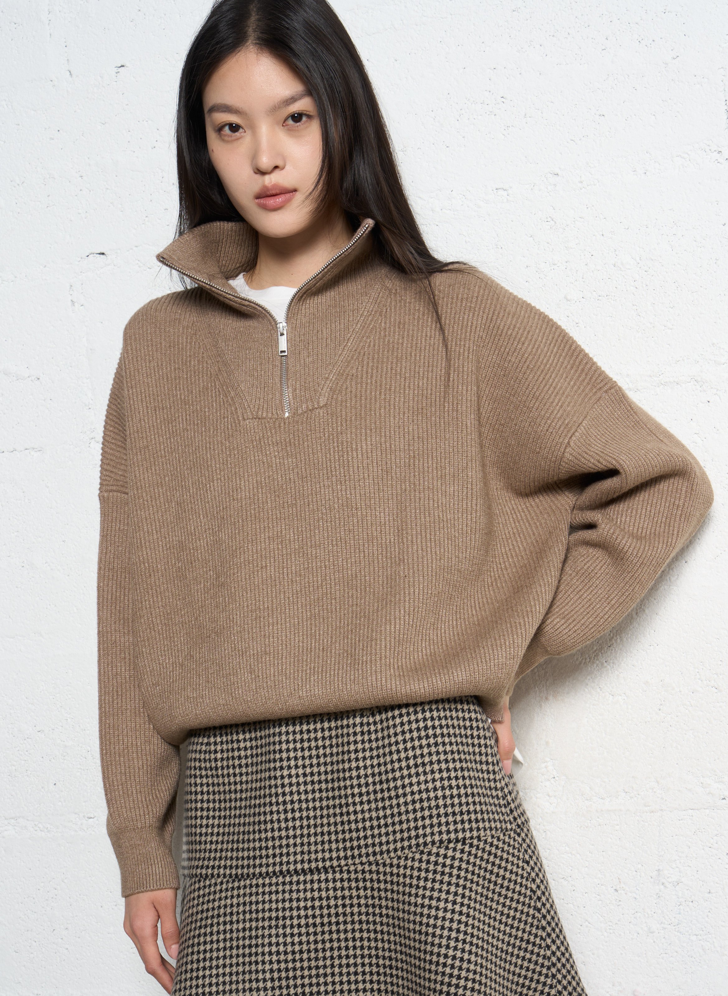 Pull ample col camionneur en maille IKKS Beige