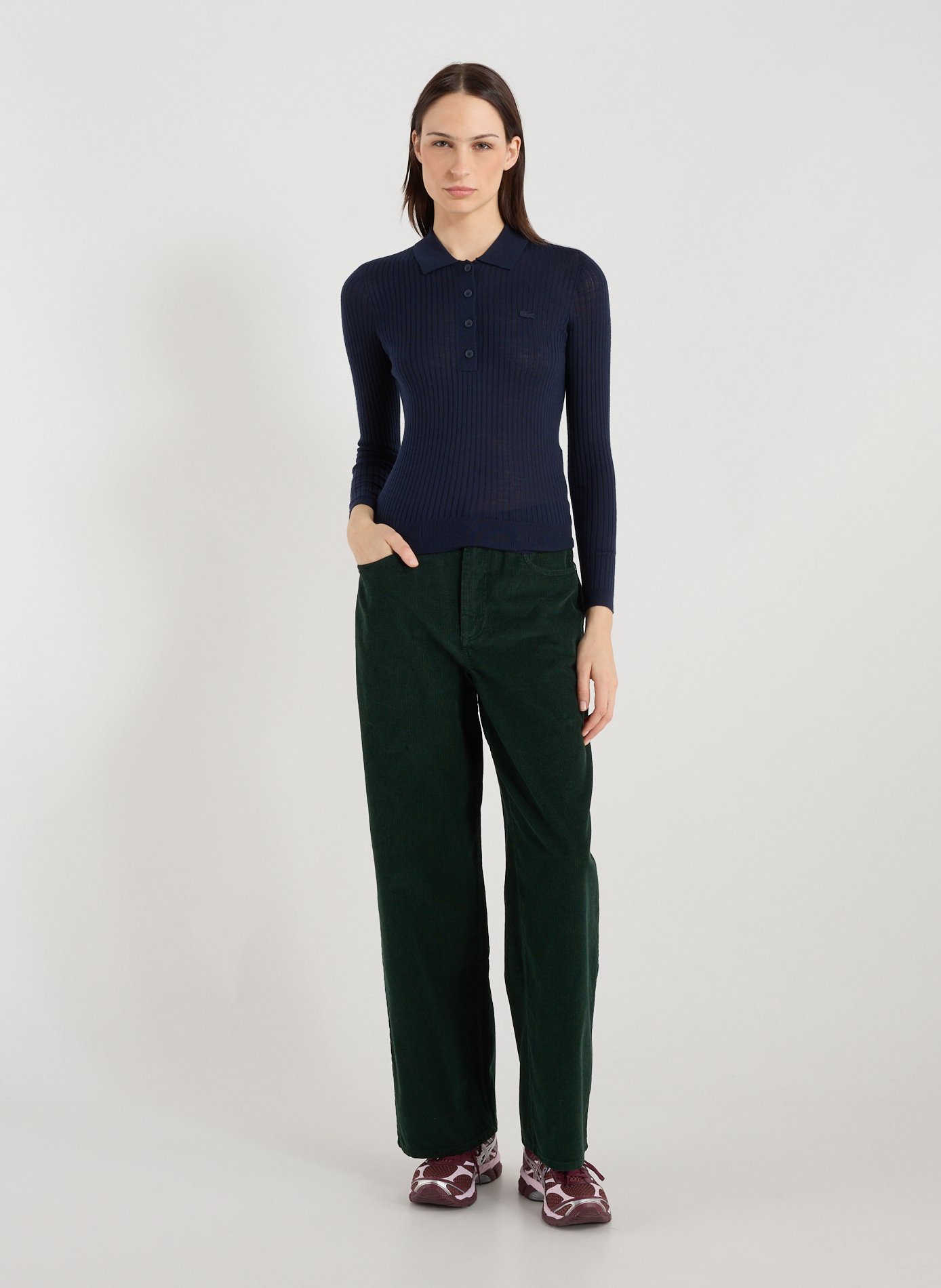 Pantalon large en velours côtelé de coton LACOSTE Vert