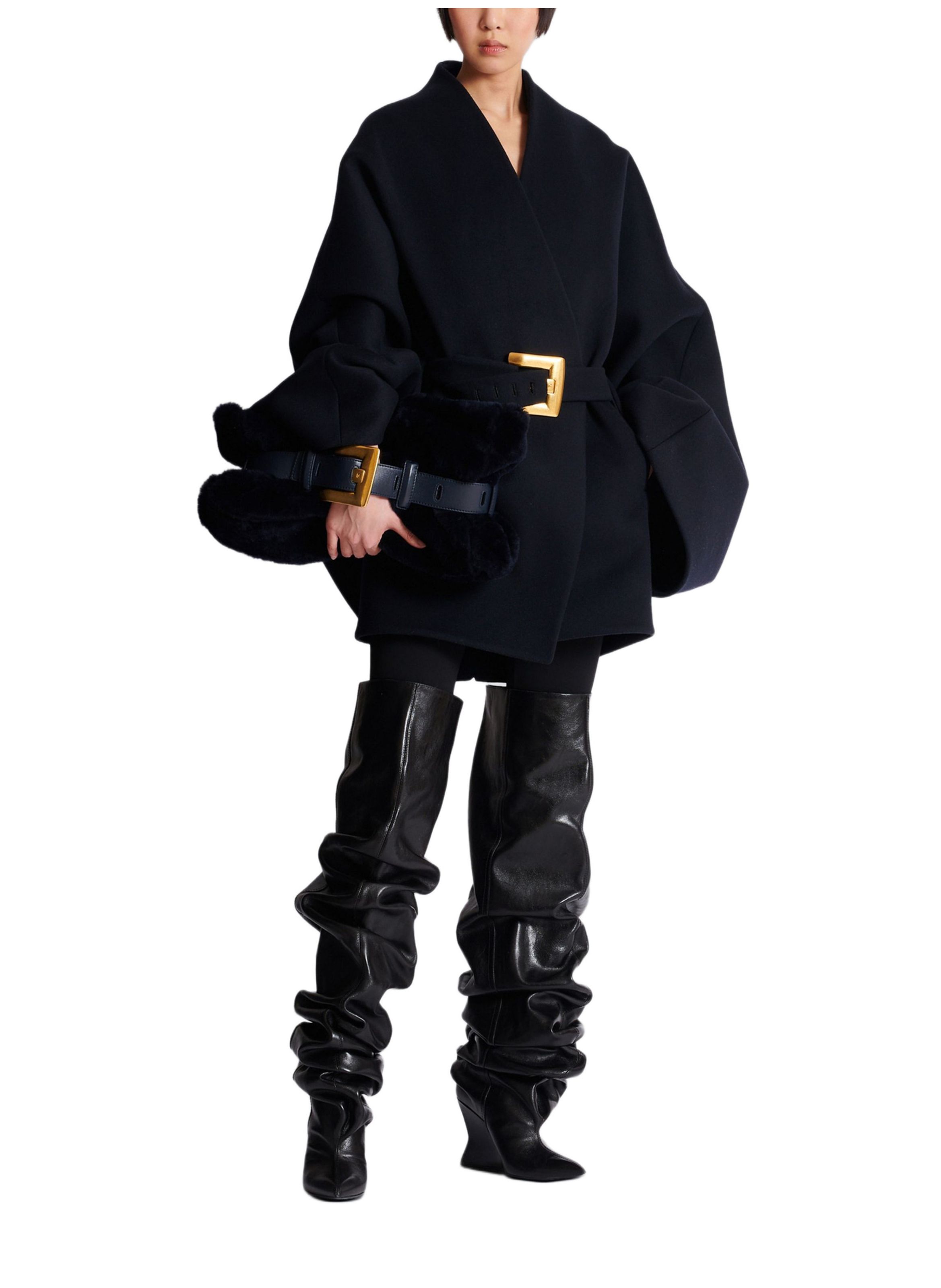 Manteau portefeuille court en laine BALMAIN Bleu