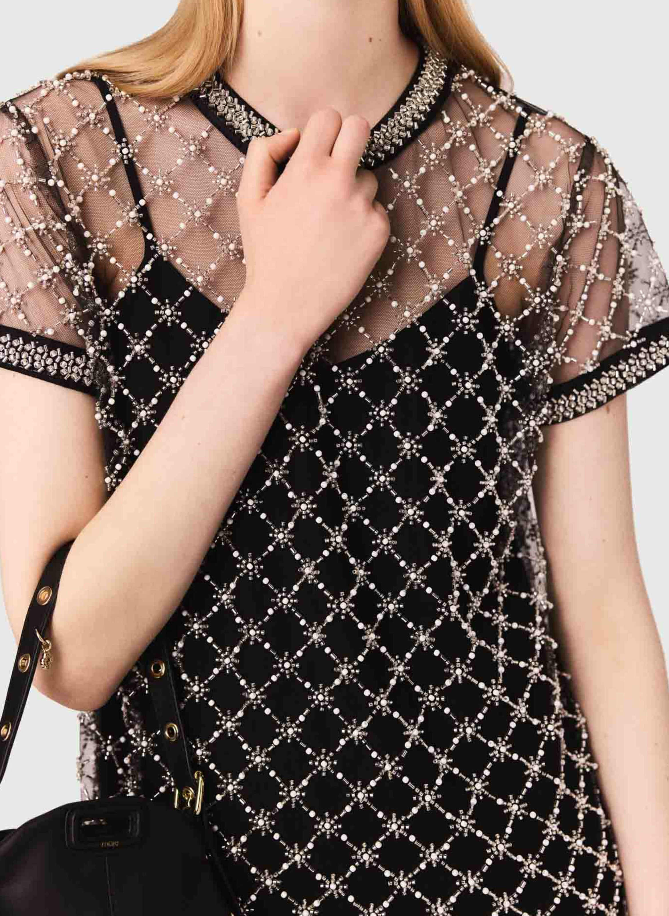 Robe courte droite perlée en transparence MAJE Noir