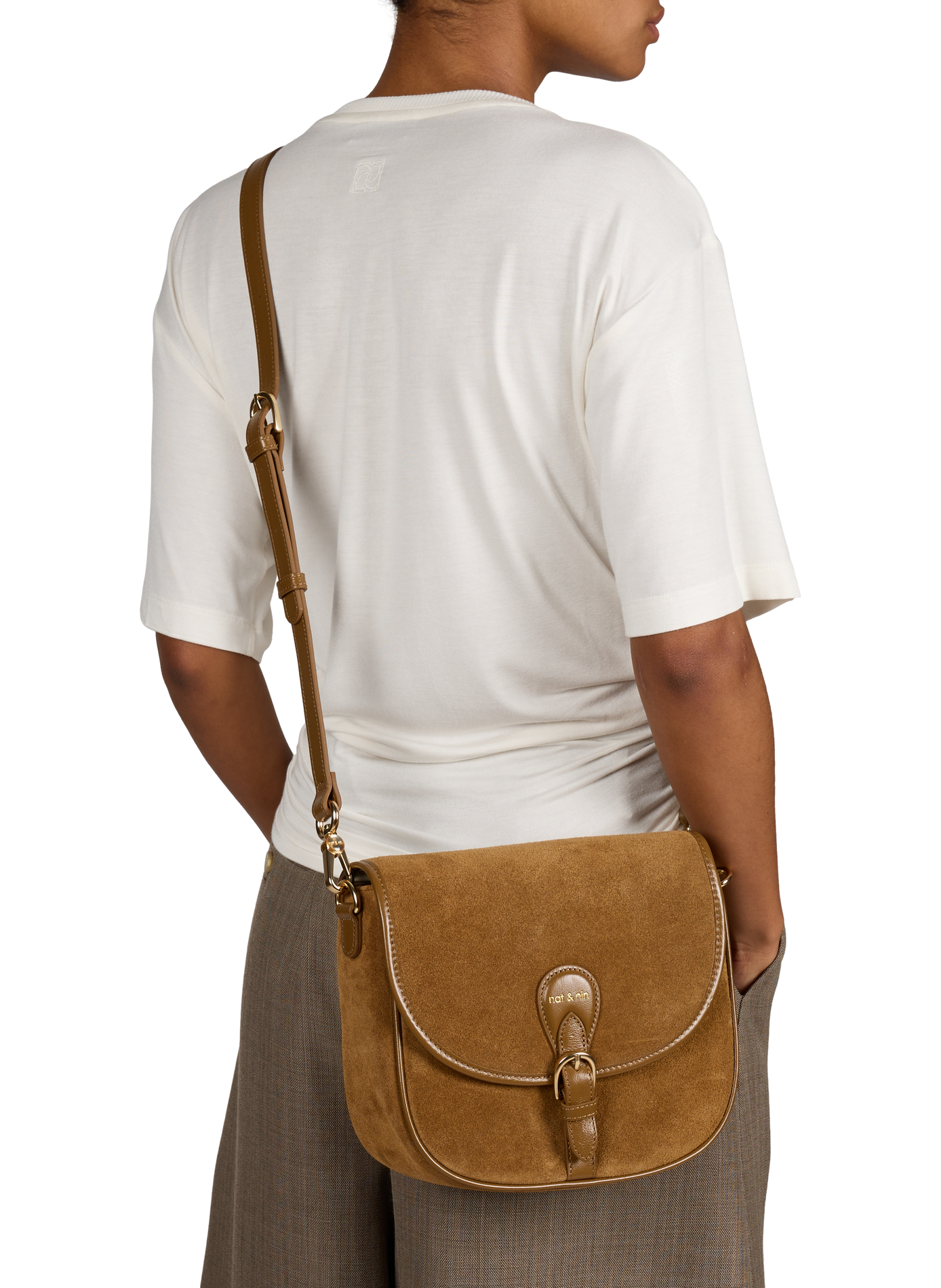 Sac à bandoulière Olivia en coton et cuir suédé NAT & NIN Marron