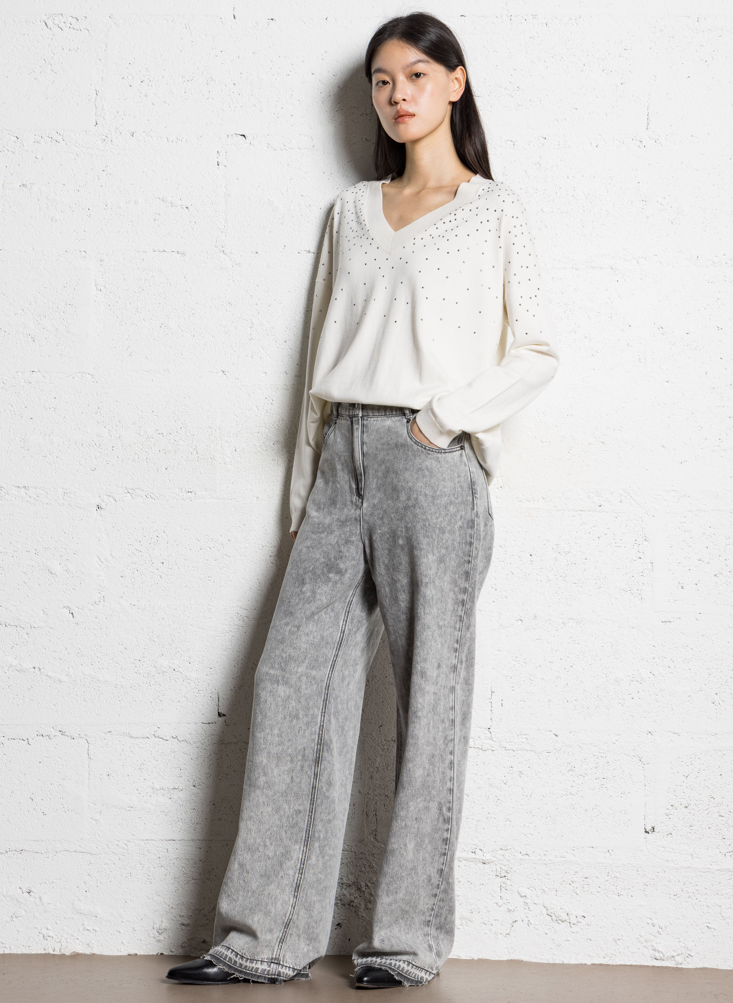 Pull oversize col v à strass IKKS Blanc