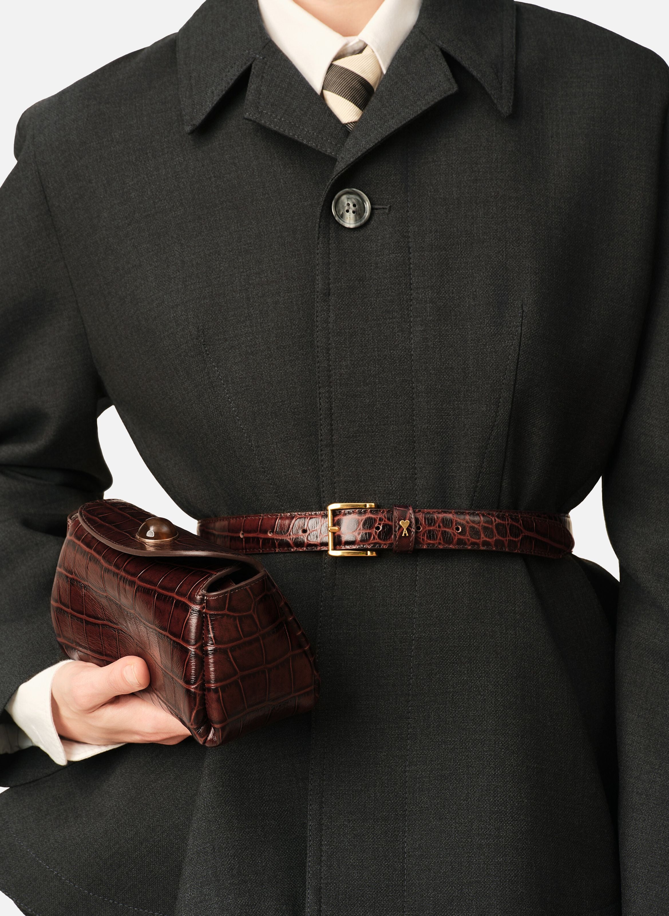 Mini sac carrousel unisexe en cuir de veau embossé crocodile AMI PARIS Marron