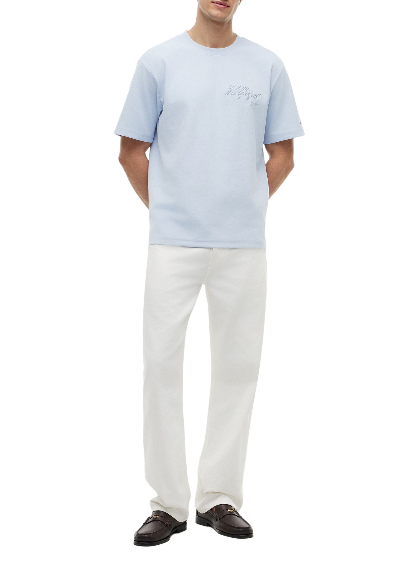 T-shirt uni à logo brodé en coton mélangé TOMMY HILFIGER Bleu