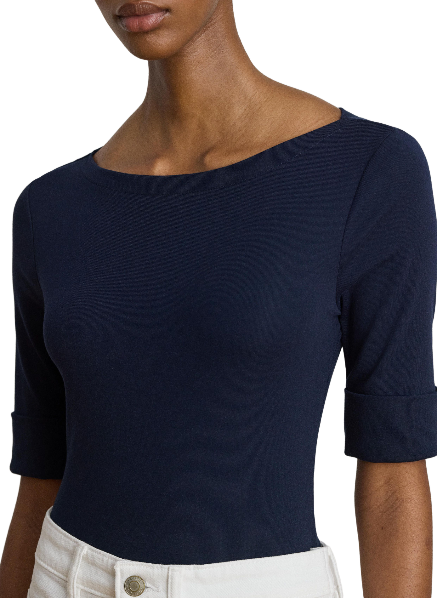 Cotton blend boat neck top LAUREN Blue