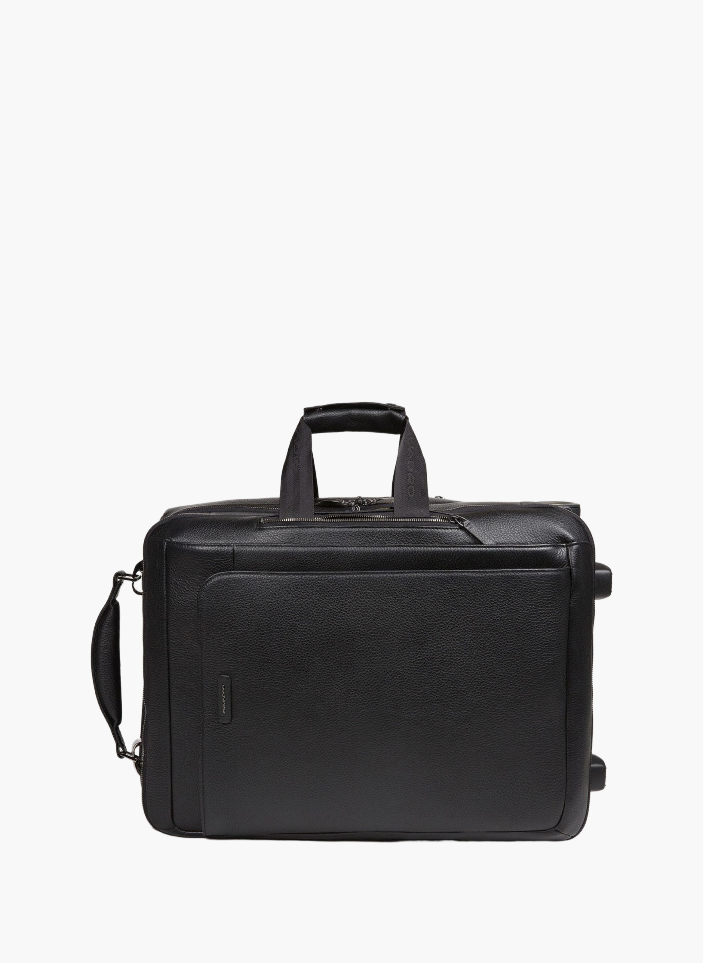 Leather cabin suitcase with garment sleeve PIQUADRO Black