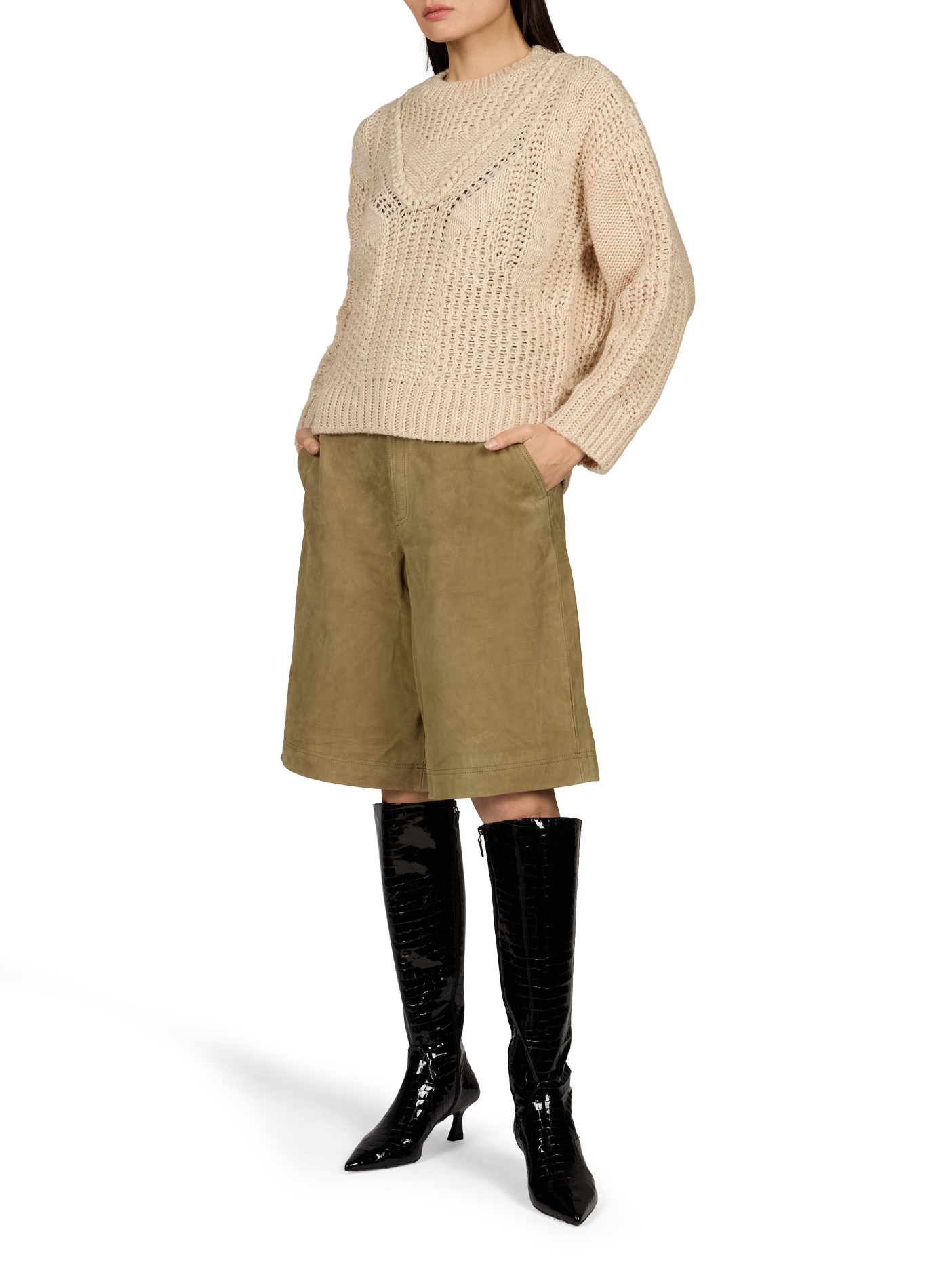 Einfarbig geflochtener Pullover mit Rundhalsausschnitt OBJECT Beige
