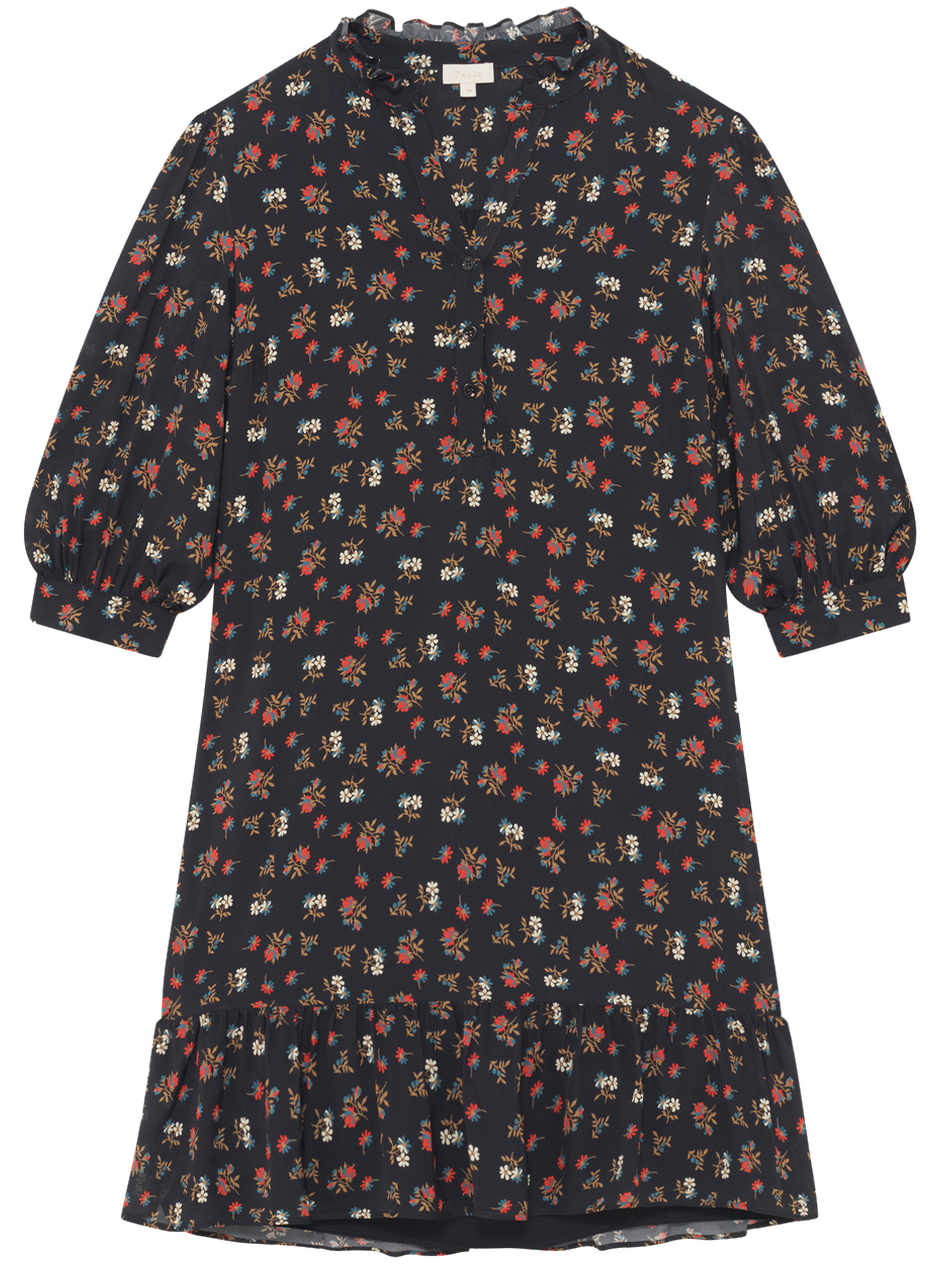 Robe courte à volants et fleurs contrastées - letizia PABLO Noir