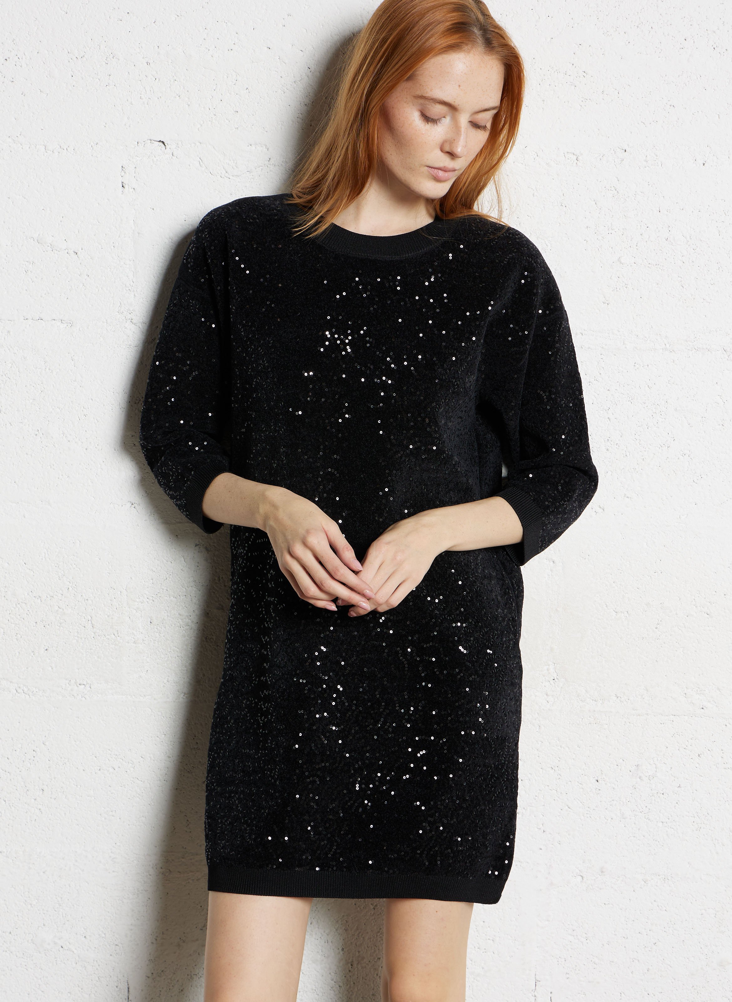 Robe courte droite col rond à sequins reveillon MAISON 123 Noir