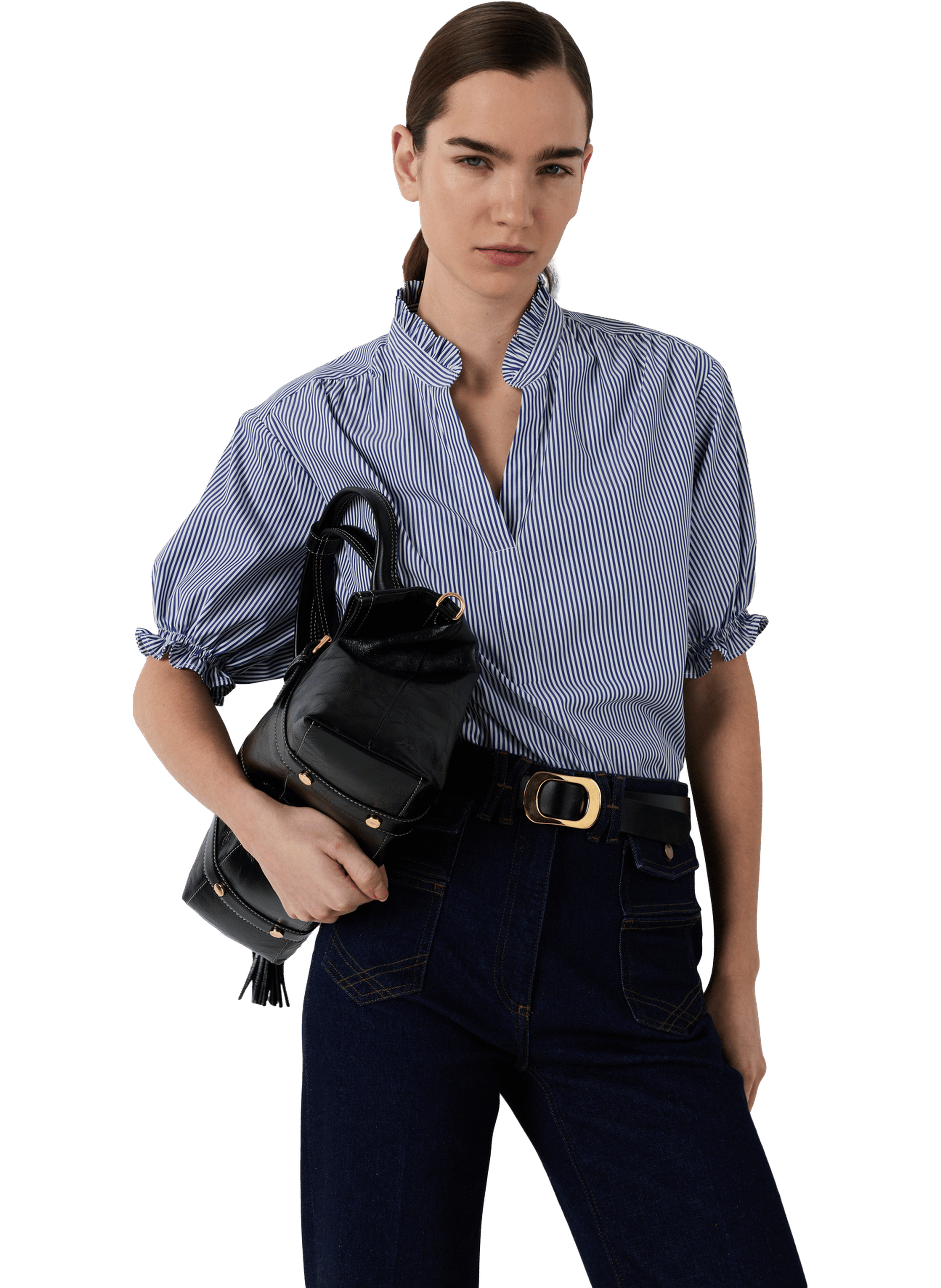 Blouse rayée à volants en popeline -  clee GERARD DAREL Bleu