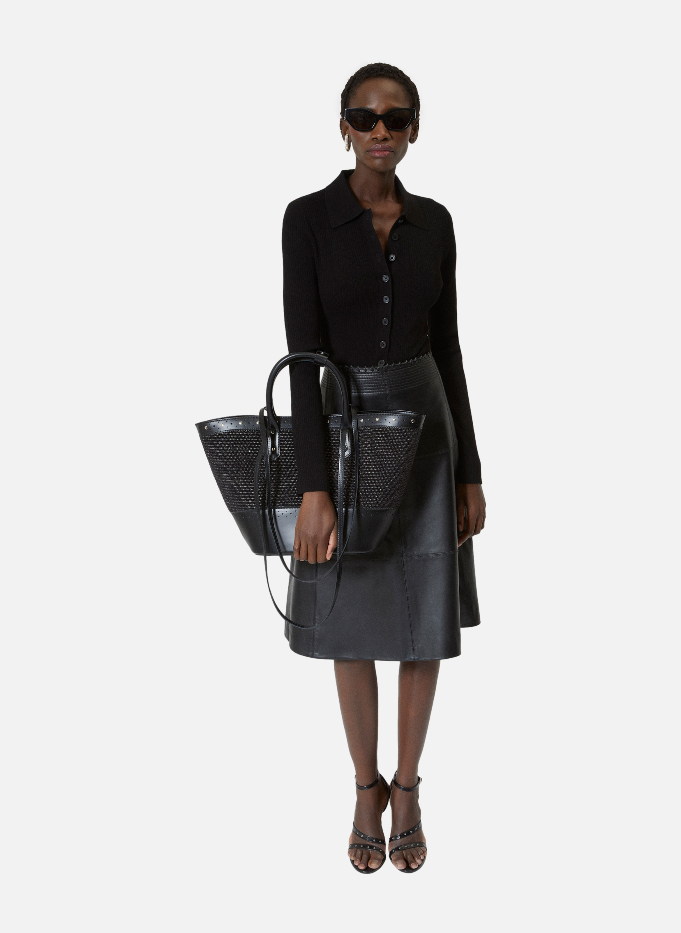 Sac cabas en cuir et raphia THE KOOPLES Noir