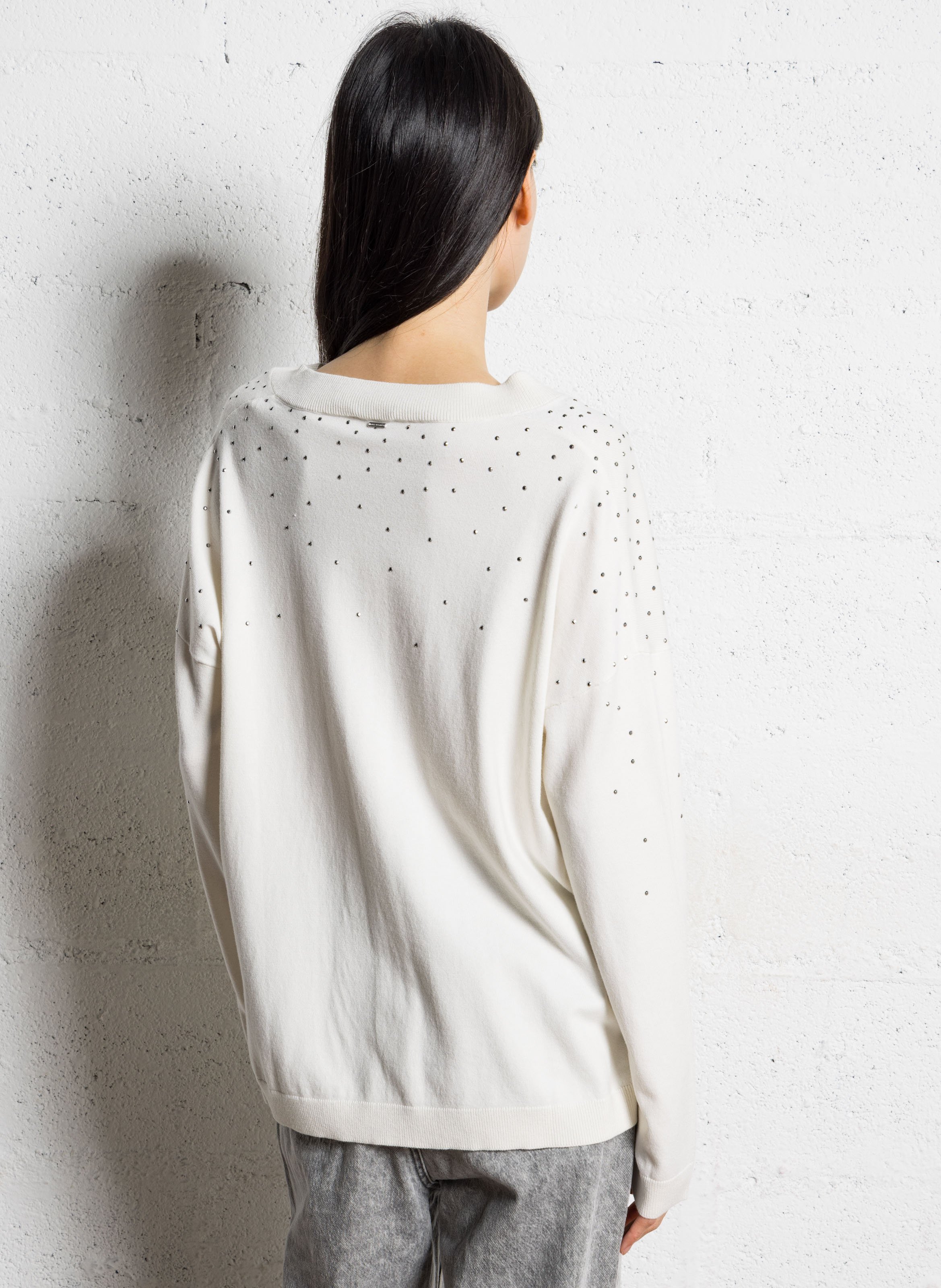 Pull oversize col v à strass IKKS Blanc