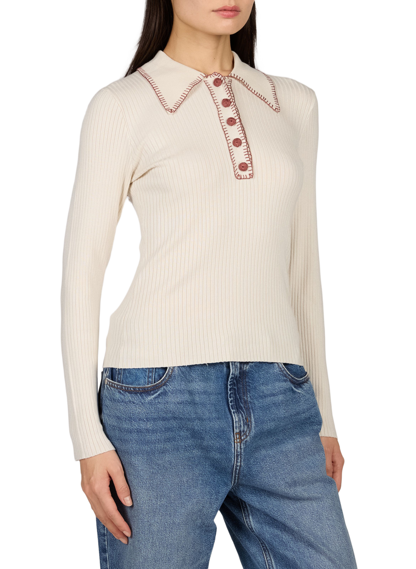 Figurnaher Polopullover aus Rippstrick VILA Beige