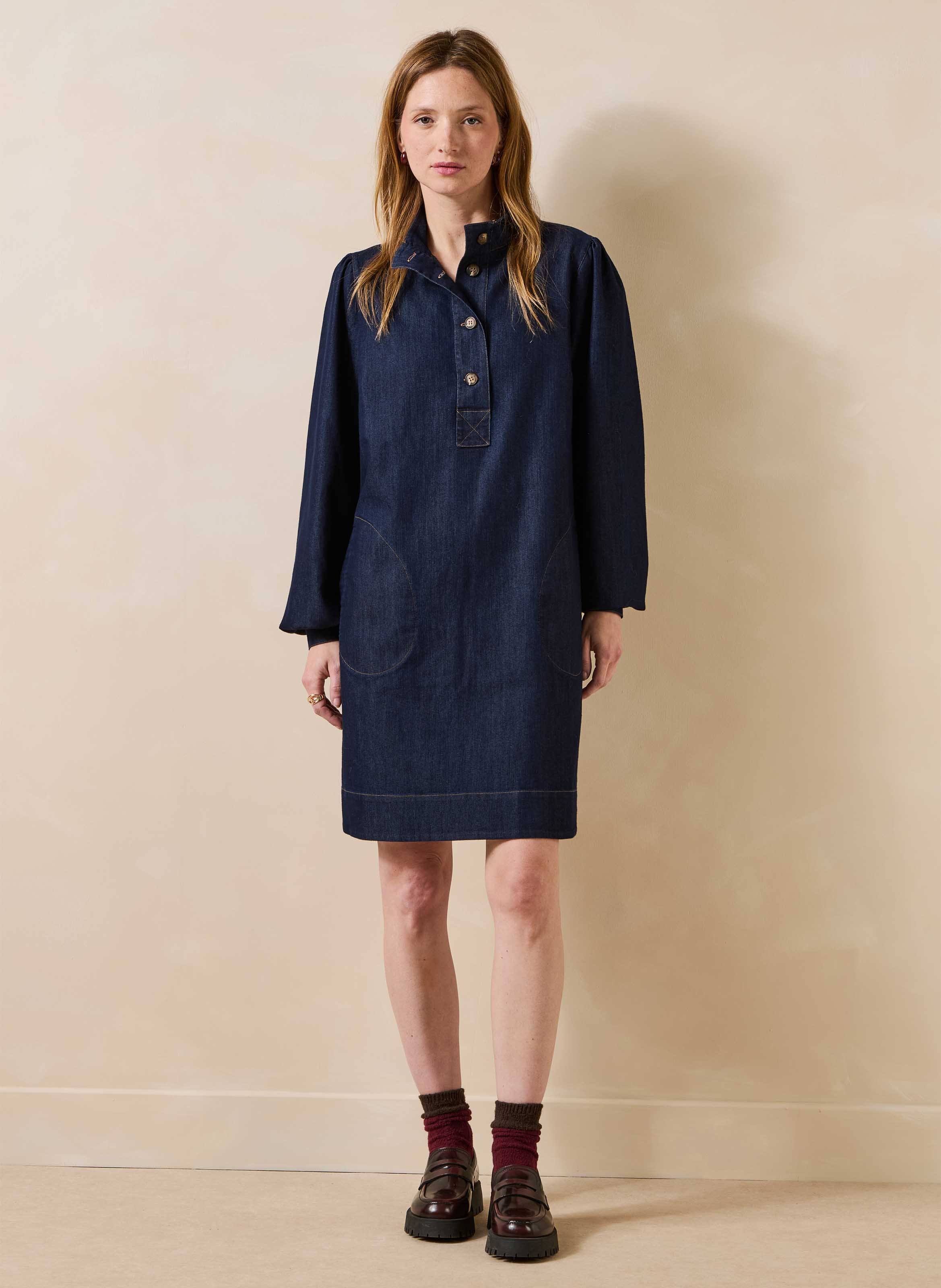 Korte denimjurk met losse pasvorm van katoenmix LA FEE MARABOUTEE Blauw