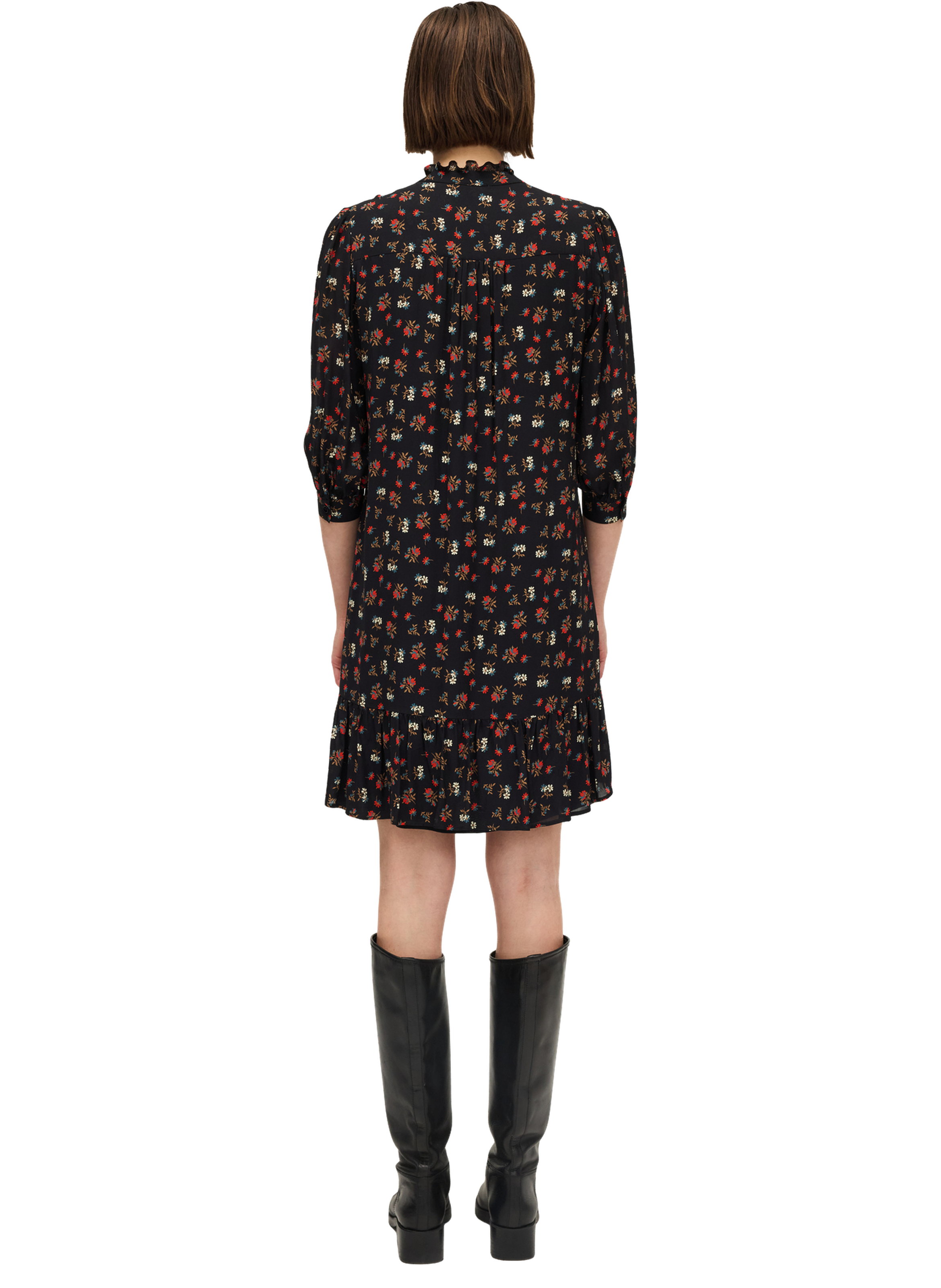 Robe courte à volants et fleurs contrastées - letizia PABLO Noir